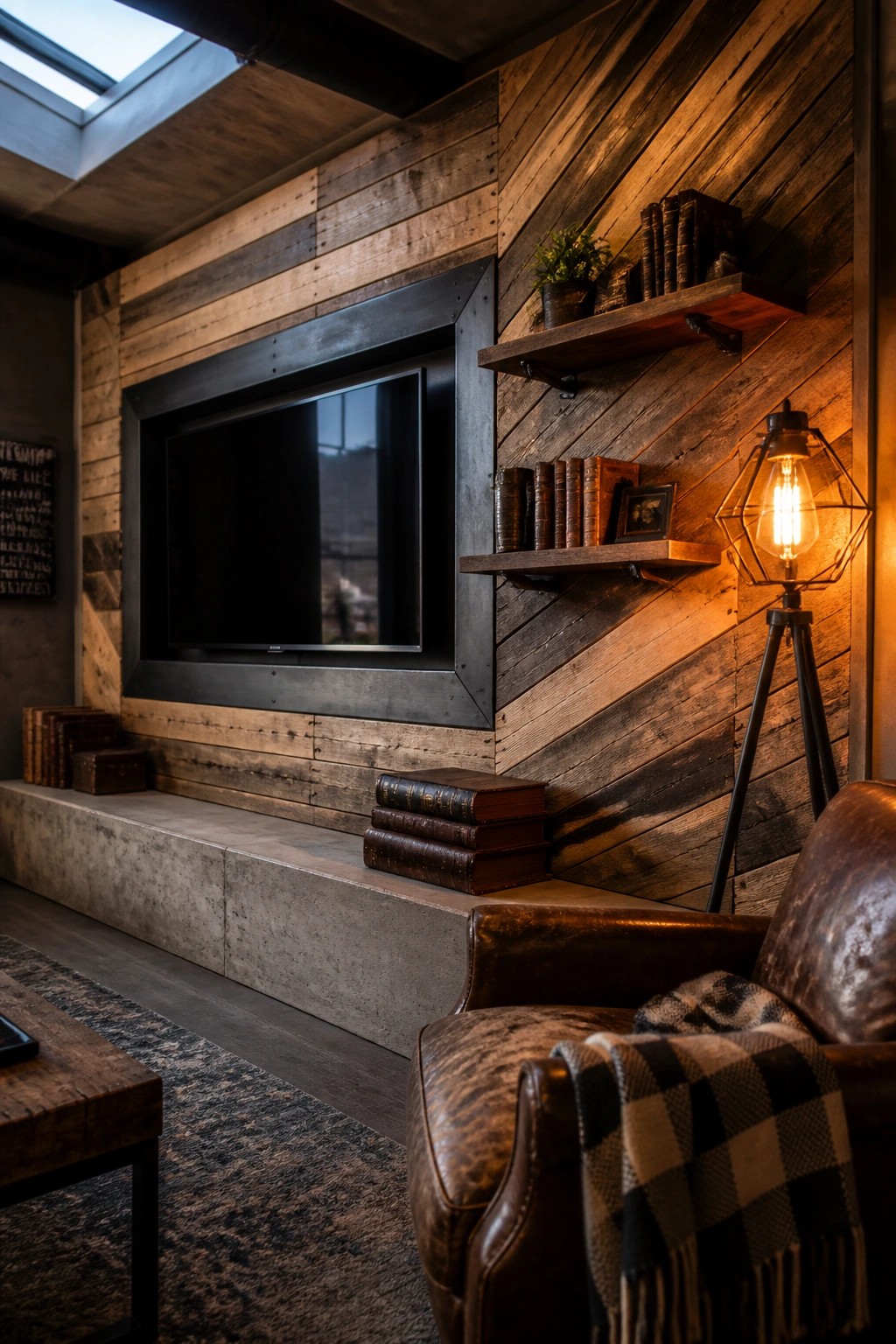 A living room TV mounted on a reclaimed wood plank wall with horizontal and diagonal sections, floating shelves holding books, and a tripod floor lamp to the right.