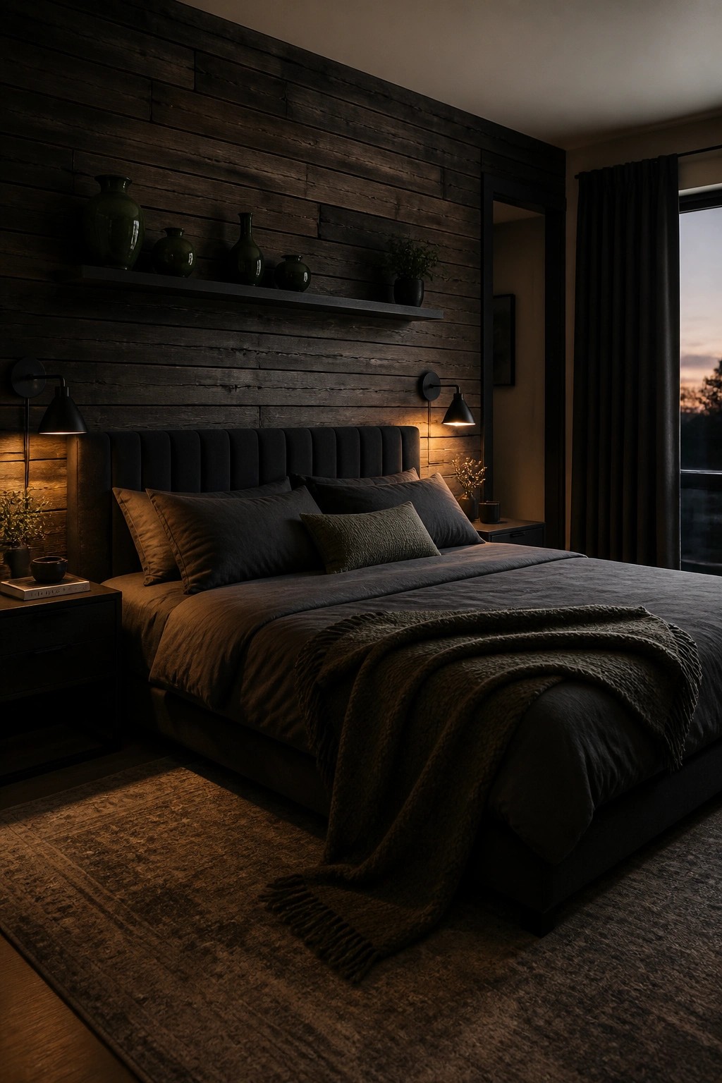 A bedroom featuring a dark horizontal wood plank accent wall behind a bed with dark gray bedding, flanked by black wall sconces and a floating shelf with green vases.