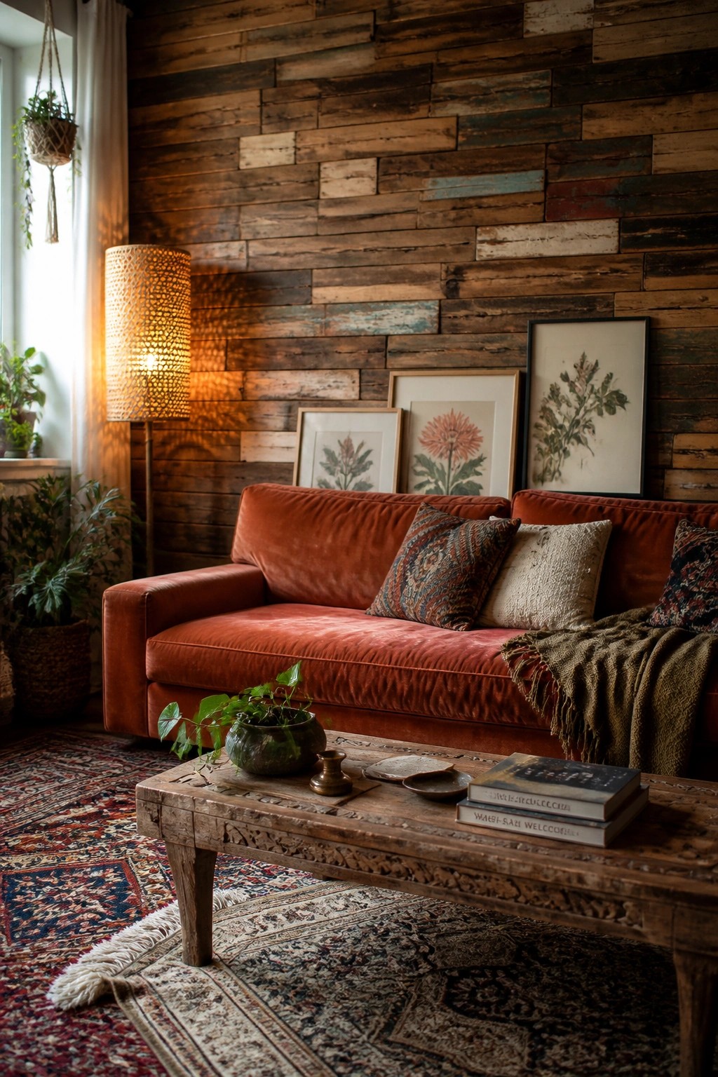 A living room featuring a red sofa against a reclaimed wood pallet accent wall with framed botanical prints, a wooden coffee table, and several houseplants.