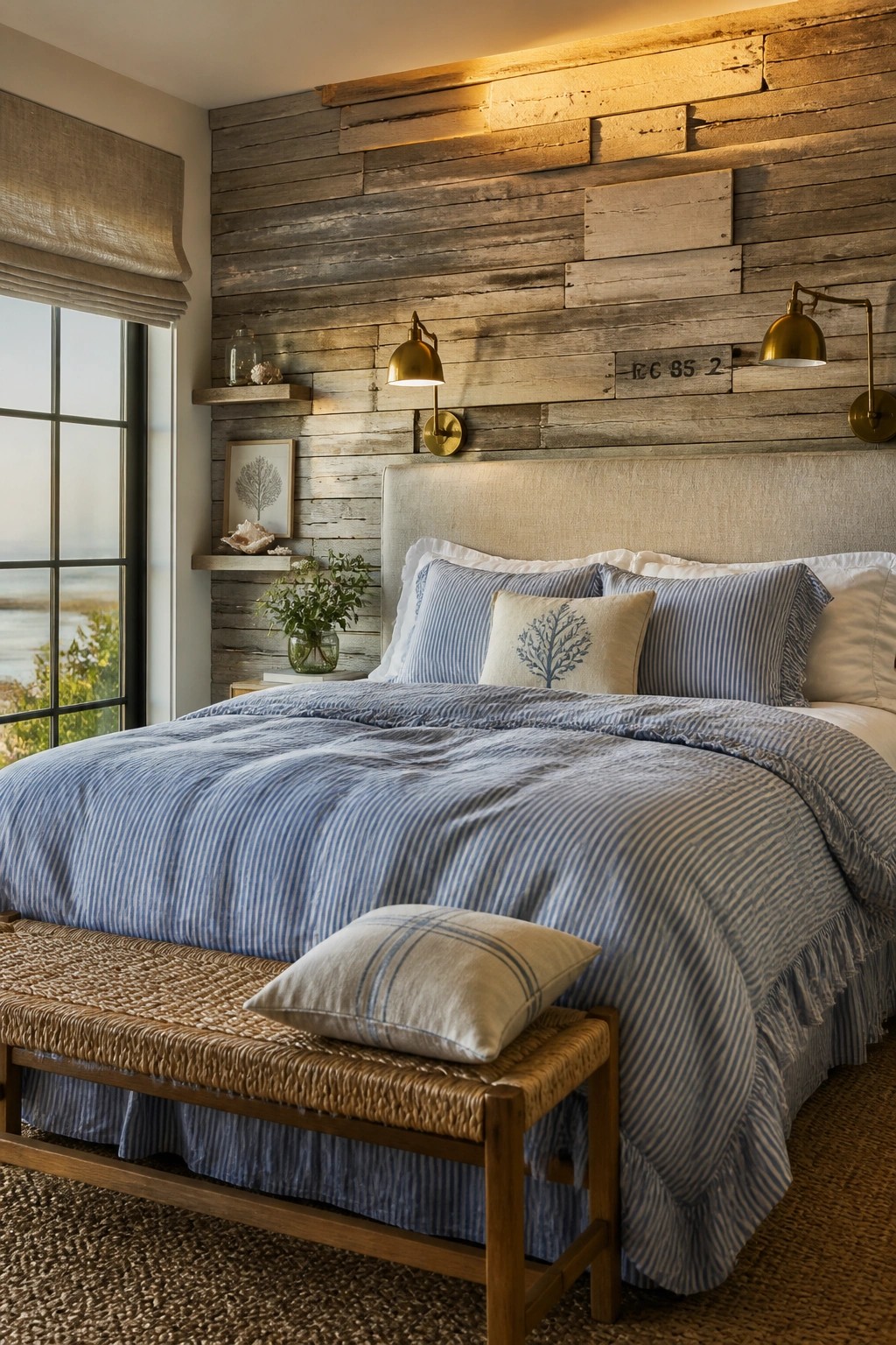 A bedroom with a bed dressed in blue striped bedding positioned in front of a horizontal reclaimed wood plank accent wall, flanked by brass sconces and a window on the left.