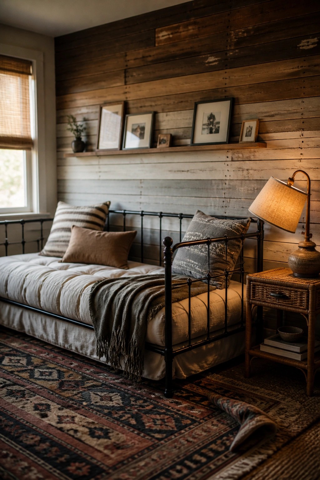 A bedroom featuring a bed with white bedding positioned against a horizontal reclaimed wood accent wall, with framed art on a shelf above and a patterned rug on the floor.
