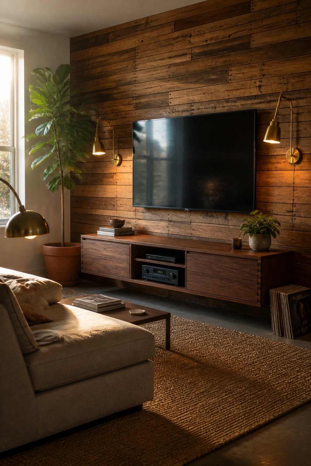 A living room featuring a TV mounted on a horizontal reclaimed wood plank accent wall above a low wooden media console.