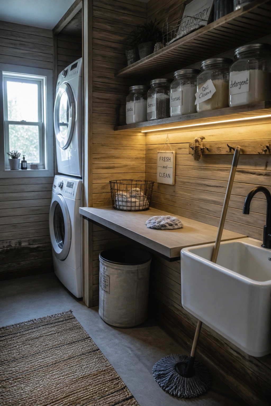 Laundry room interior with white stacked washer and dryer, horizontal wood plank walls, open wooden shelves holding labeled jars, a utility sink, and a small counter area.