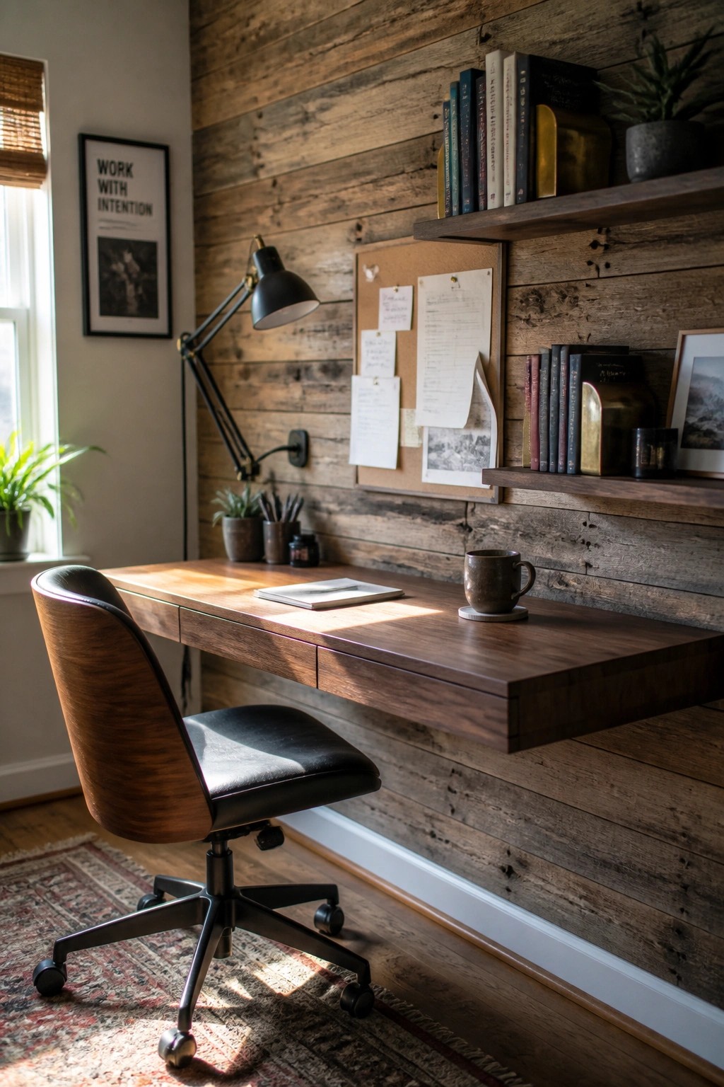 A home office with a reclaimed wood accent wall, floating wooden desk, black office chair, and wall-mounted shelves holding books and small plants.