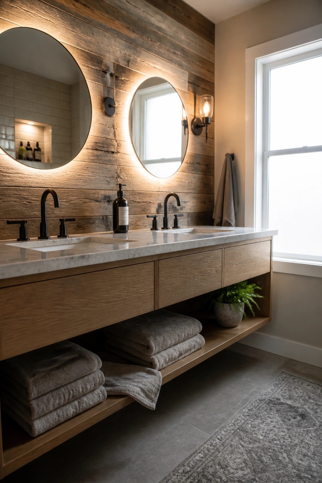 A bathroom with a horizontal reclaimed wood accent wall behind a floating wood vanity, two round backlit mirrors, and black faucets.
