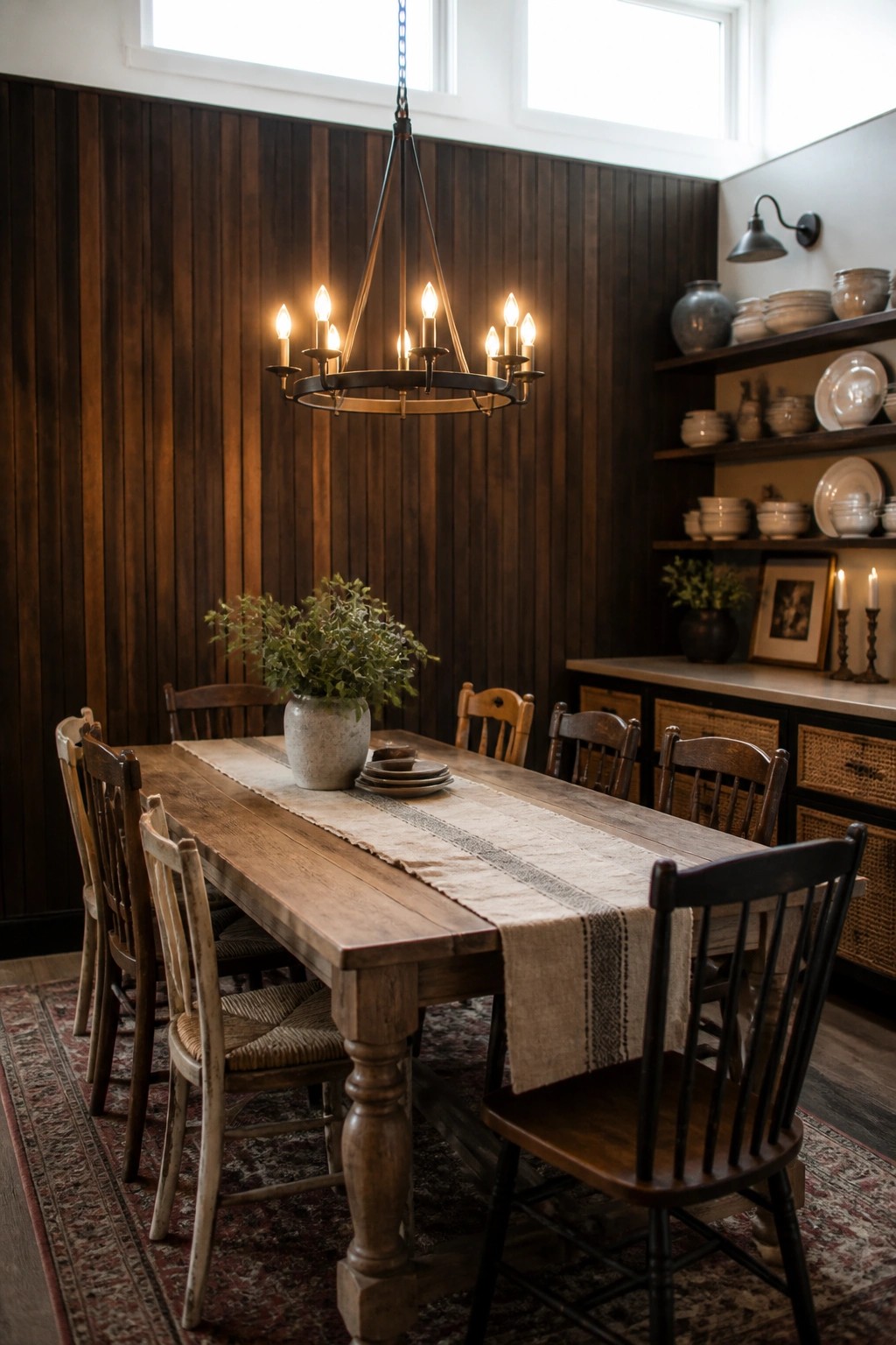 A dining room featuring a long wooden table with a linen runner, surrounded by mixed wooden chairs, and a dark vertical wood paneled accent wall behind it.