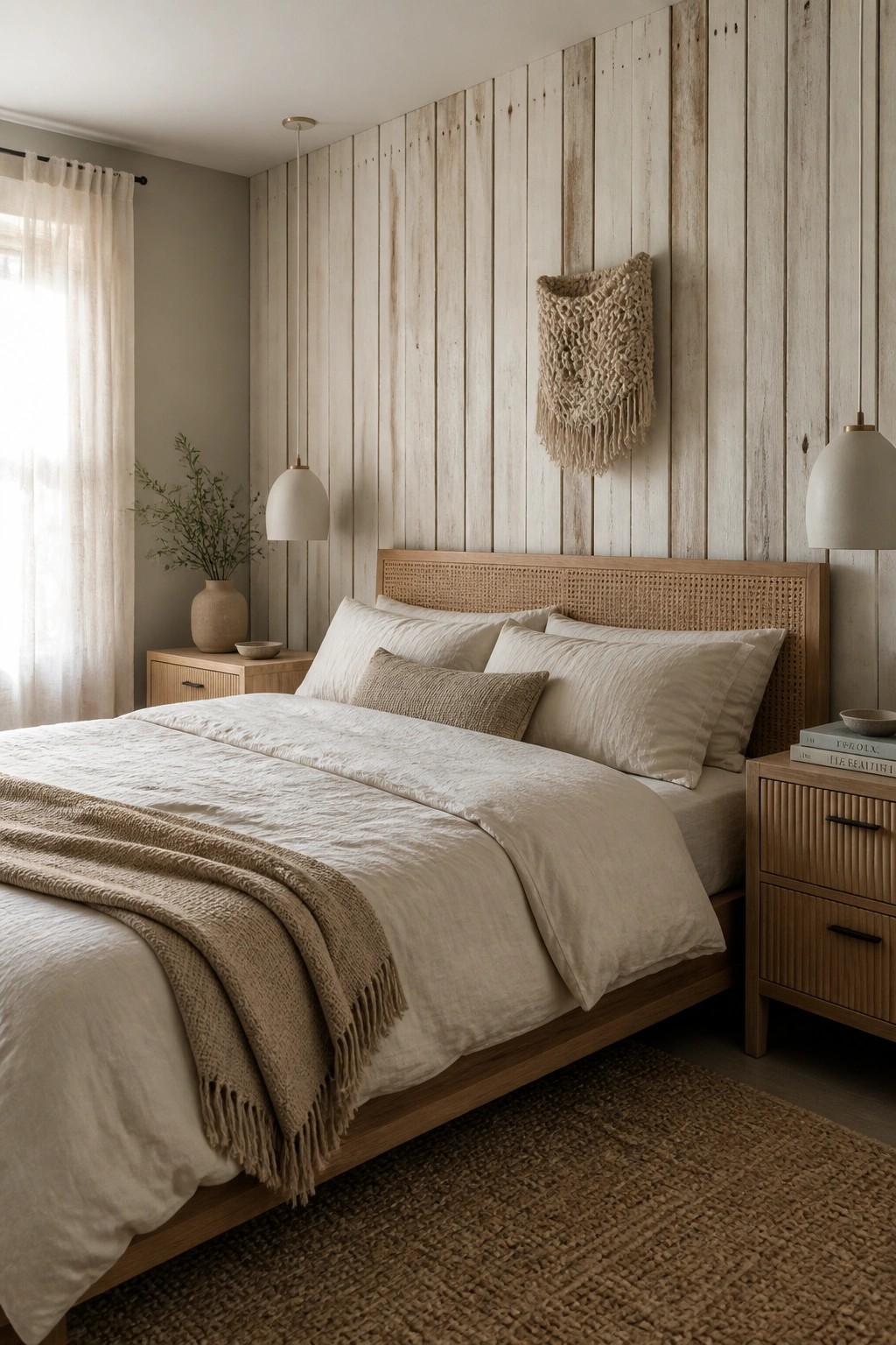 A bedroom featuring a bed with neutral linens positioned against a vertical light wood plank accent wall, with matching nightstands and pendant lights on either side.
