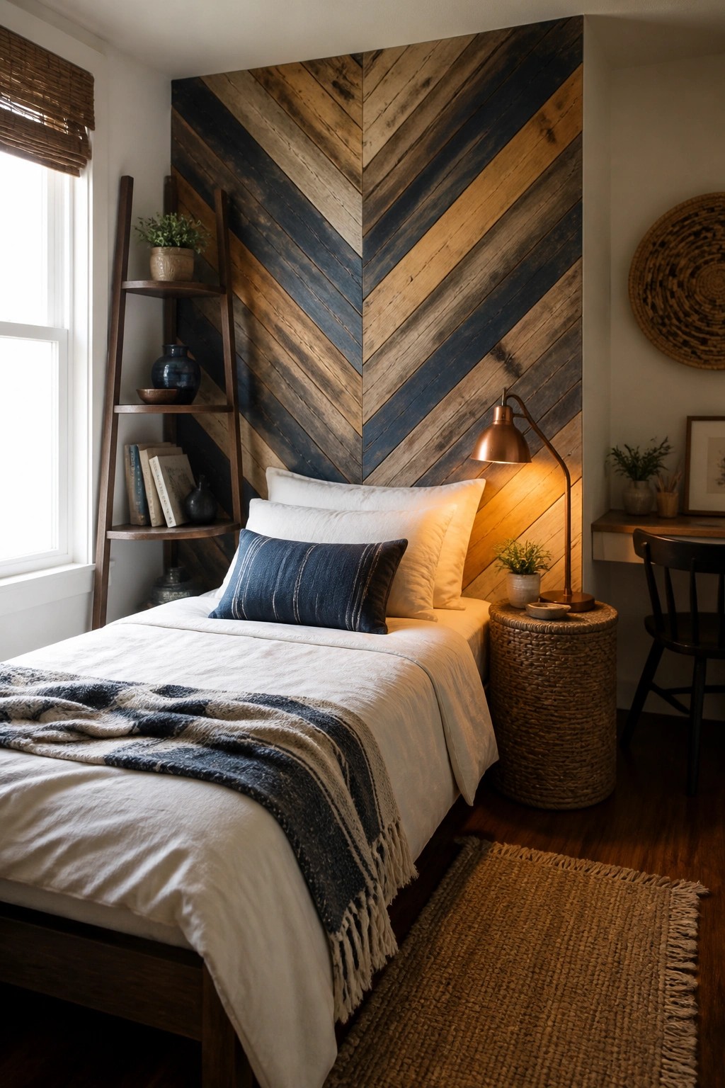 A bedroom featuring a bed with white linens positioned against a large chevron-patterned wall made of mixed reclaimed wood boards in varying brown and blue tones.