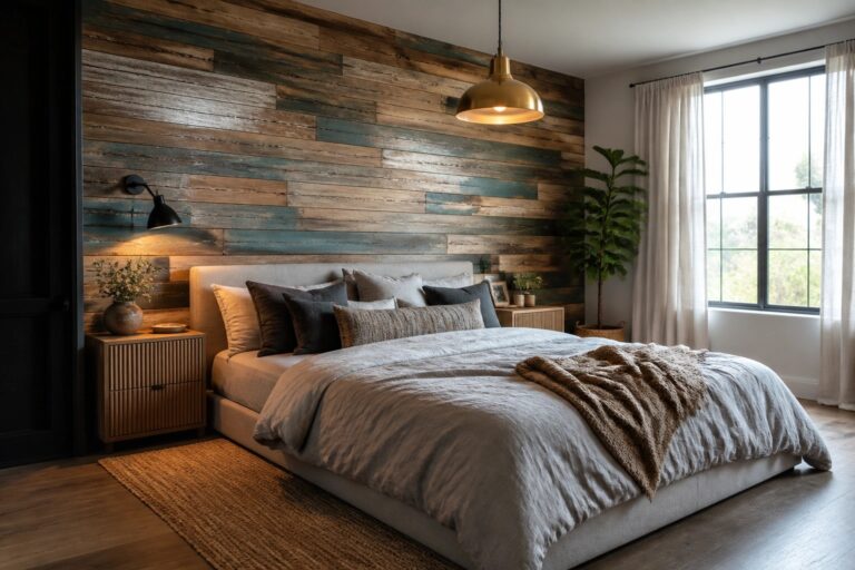 23 Creative Pallet Wall Designs Using Mixed Boards, Patterns, and Reclaimed Wood Cozy bedroom with wooden accent wall, upholstered bed, gold pendant light, and plant by window