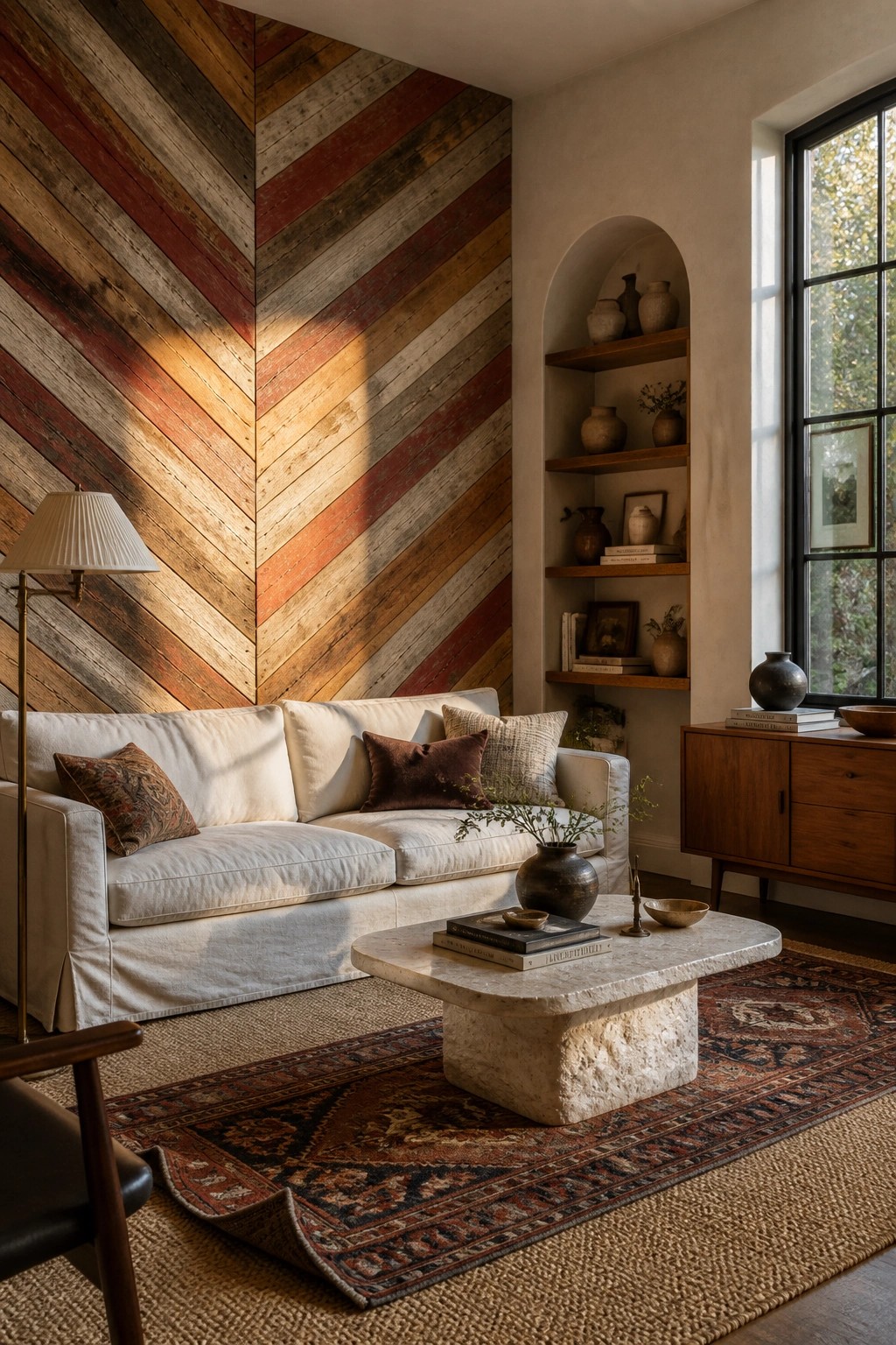 Living room with a herringbone wall of mixed reclaimed wood behind a white sofa and stone coffee table.