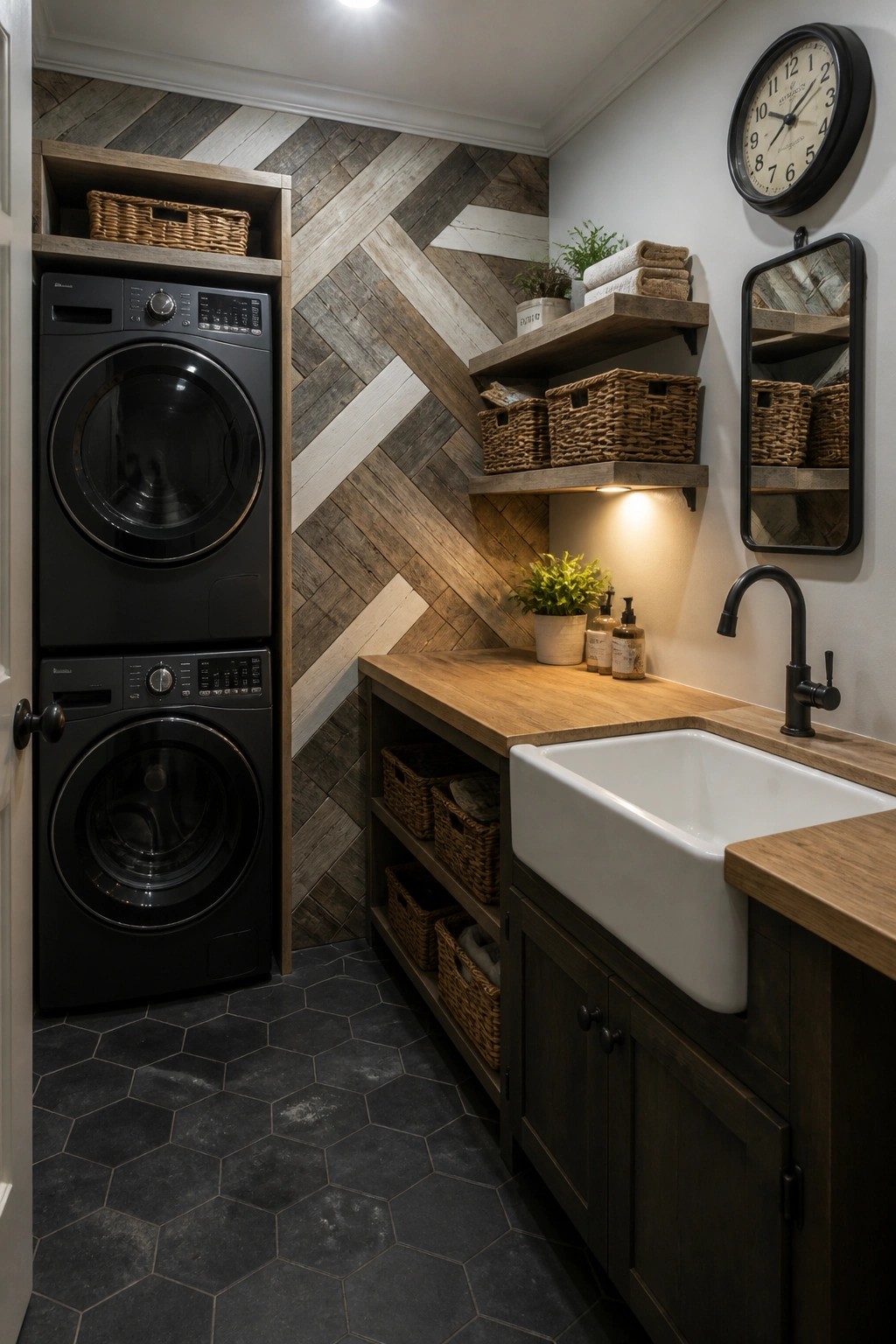 Laundry room interior with a herringbone reclaimed wood accent wall, stacked black washers, wooden open shelving with baskets, a white farmhouse sink, and dark hexagonal floor tiles.
