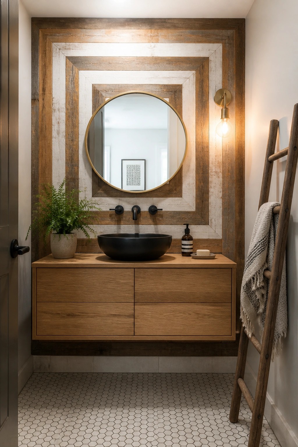 A bathroom vanity with a round mirror mounted on a large accent wall made of layered reclaimed wood boards in mixed tones forming concentric rectangular frames.