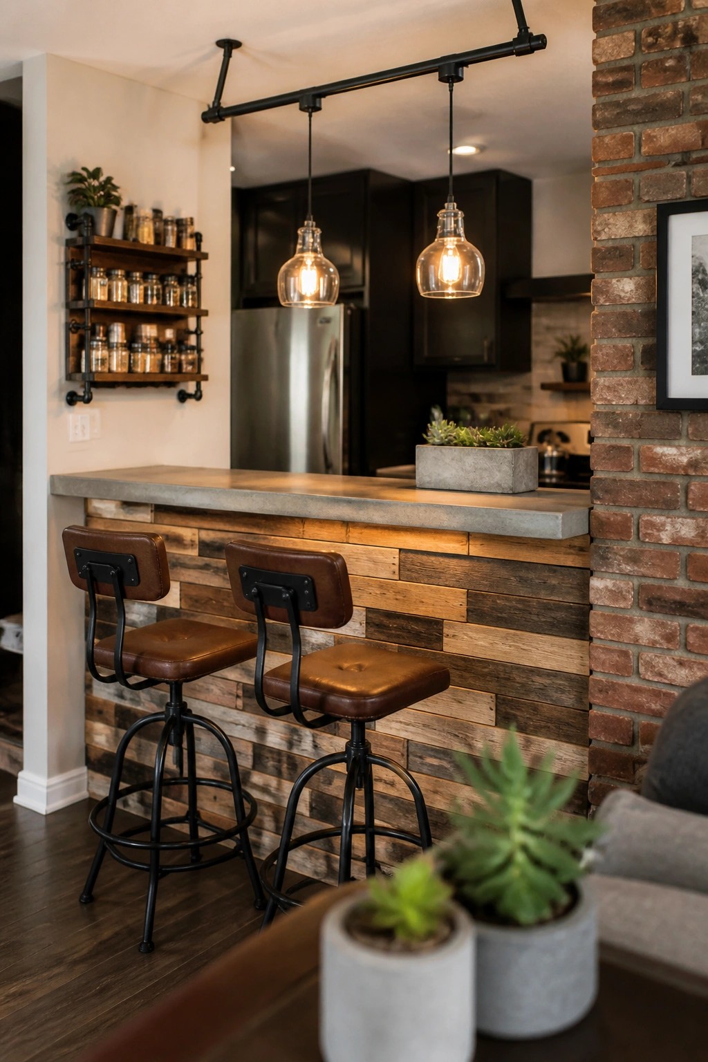 A kitchen bar counter with a front made of horizontal mixed reclaimed wood planks and two brown leather bar stools in front.