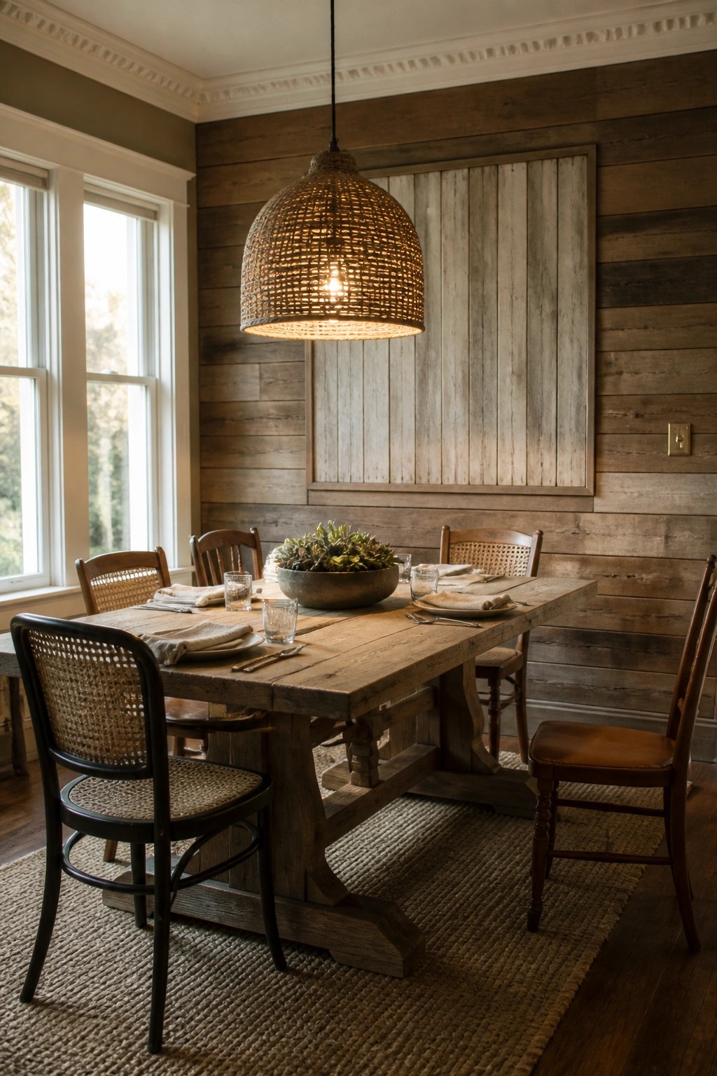A dining room with a wooden table set for a meal in front of a large accent wall made of mixed reclaimed wood planks in varying tones and directions.