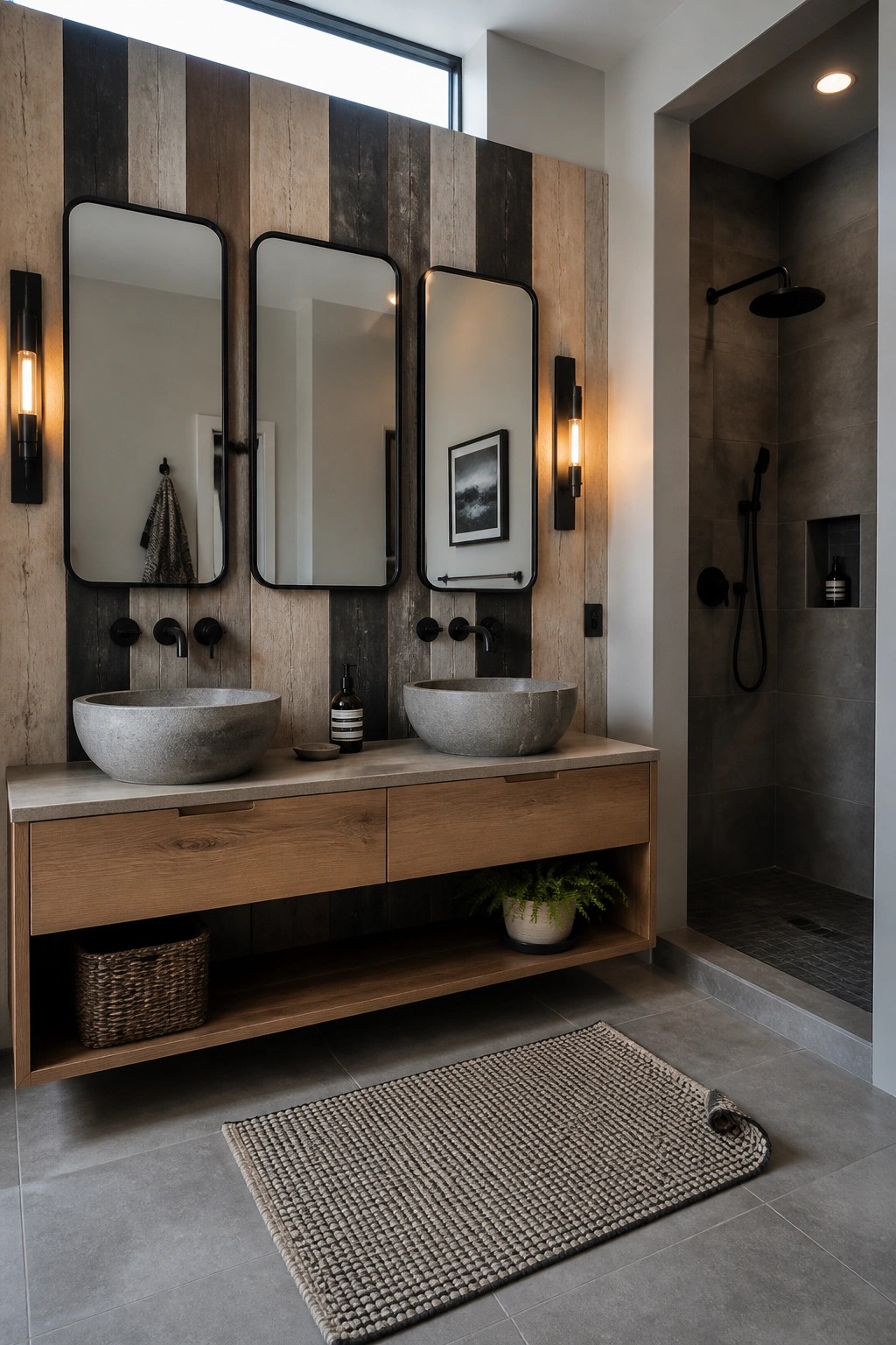 A modern bathroom shows a wall of mixed reclaimed wood boards behind two stone vessel sinks on a floating wood vanity, with black-framed mirrors and a gray tiled shower visible to the right.