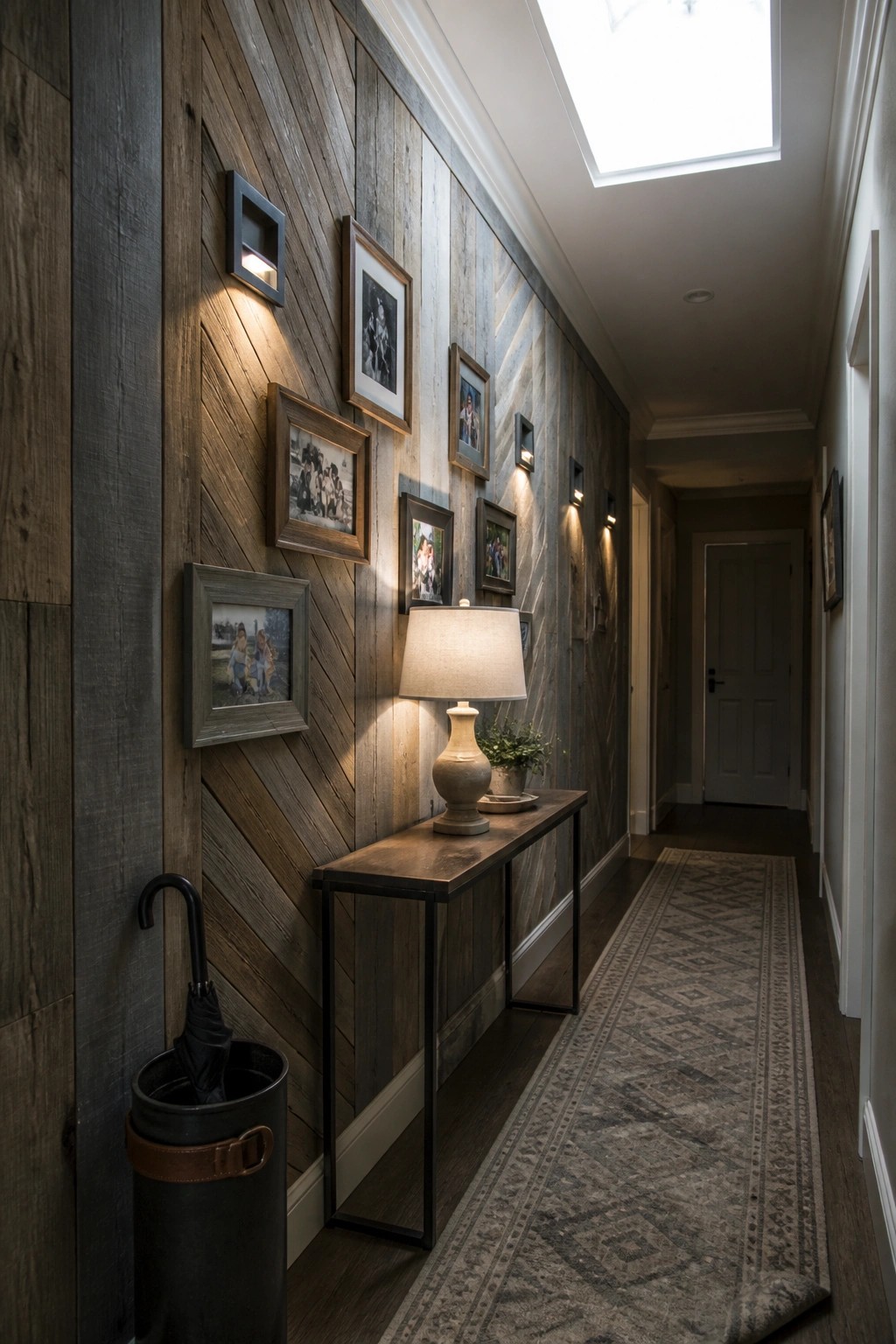 A hallway with a reclaimed wood accent wall in a mixed chevron pattern, a narrow console table with a lamp, and framed photos mounted on the wall.