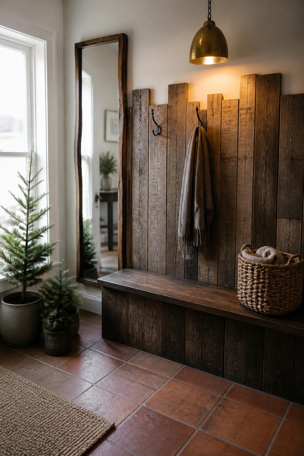 An interior entry area features a wall made of mixed reclaimed wood boards with black hooks holding a scarf, a wooden bench below, and a woven basket on the bench.