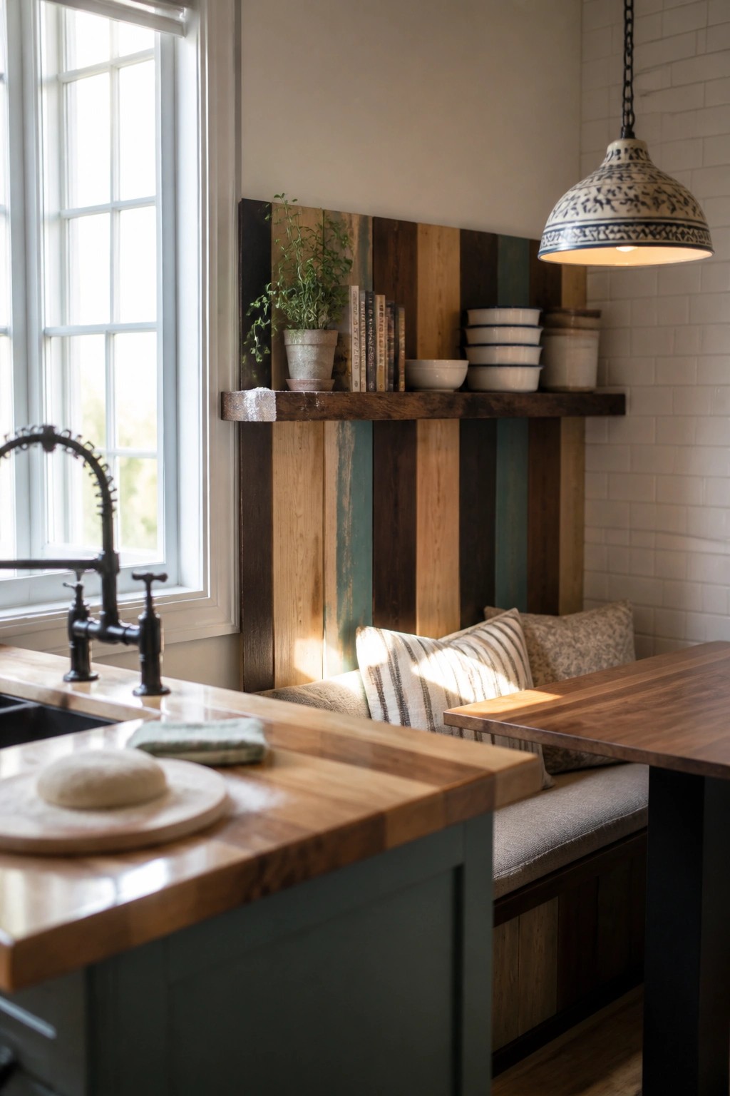 Rustic kitchen with wooden bench, floating shelf of books, pendant light, and window.