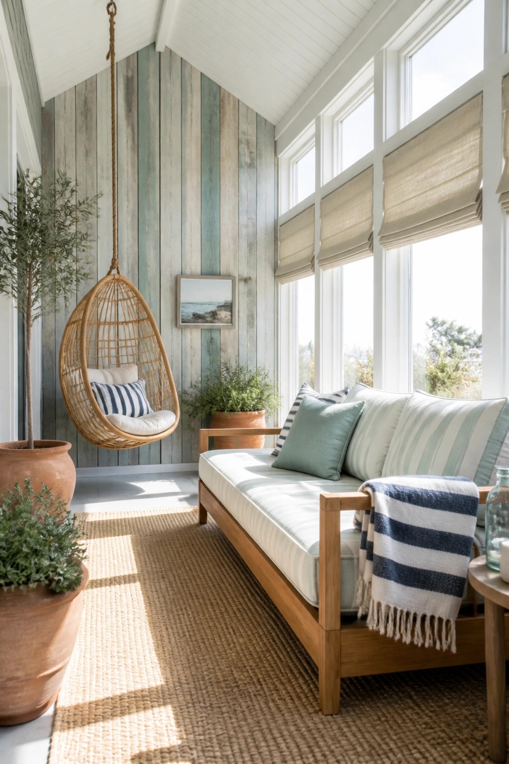 A bright sunroom with a wall of mixed reclaimed wood boards in blue and green tones, a hanging wicker chair, a wooden sofa with striped cushions, and several potted plants.