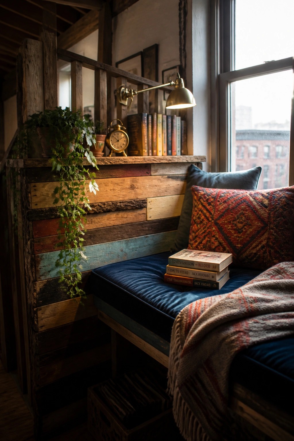 A reclaimed wood pallet wall with mixed horizontal boards in various colors and finishes forms the back of a blue cushioned bench holding stacked books and pillows beside a window.