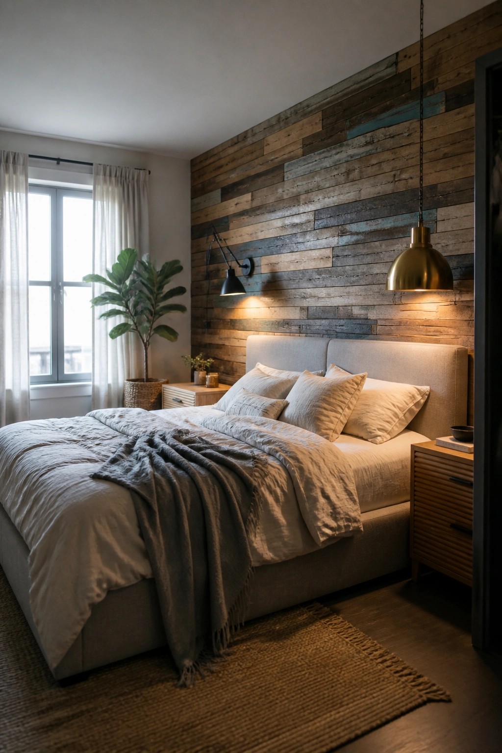 Cozy bedroom with wooden accent wall, upholstered bed, gold pendant light, and plant by window