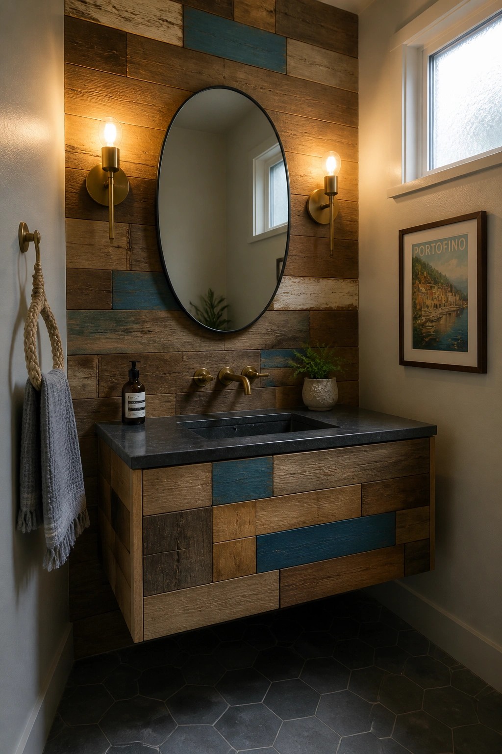 A bathroom with a mixed reclaimed wood accent wall behind a floating vanity, round mirror, and dark stone countertop.