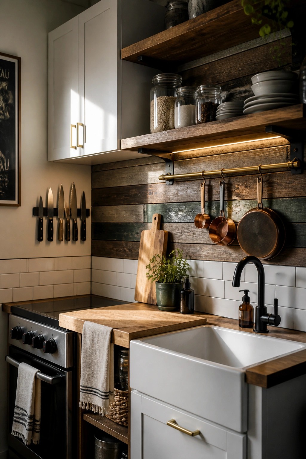Rustic kitchen with white farmhouse sink, wooden shelves, hanging copper pans, and wall knives.