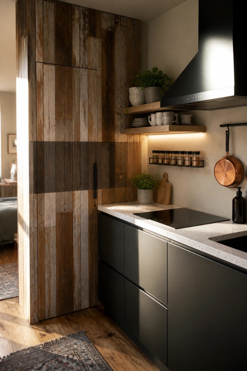 A kitchen with a tall reclaimed wood plank accent wall beside dark lower cabinets, a white countertop, and open wooden shelves above the stove area.