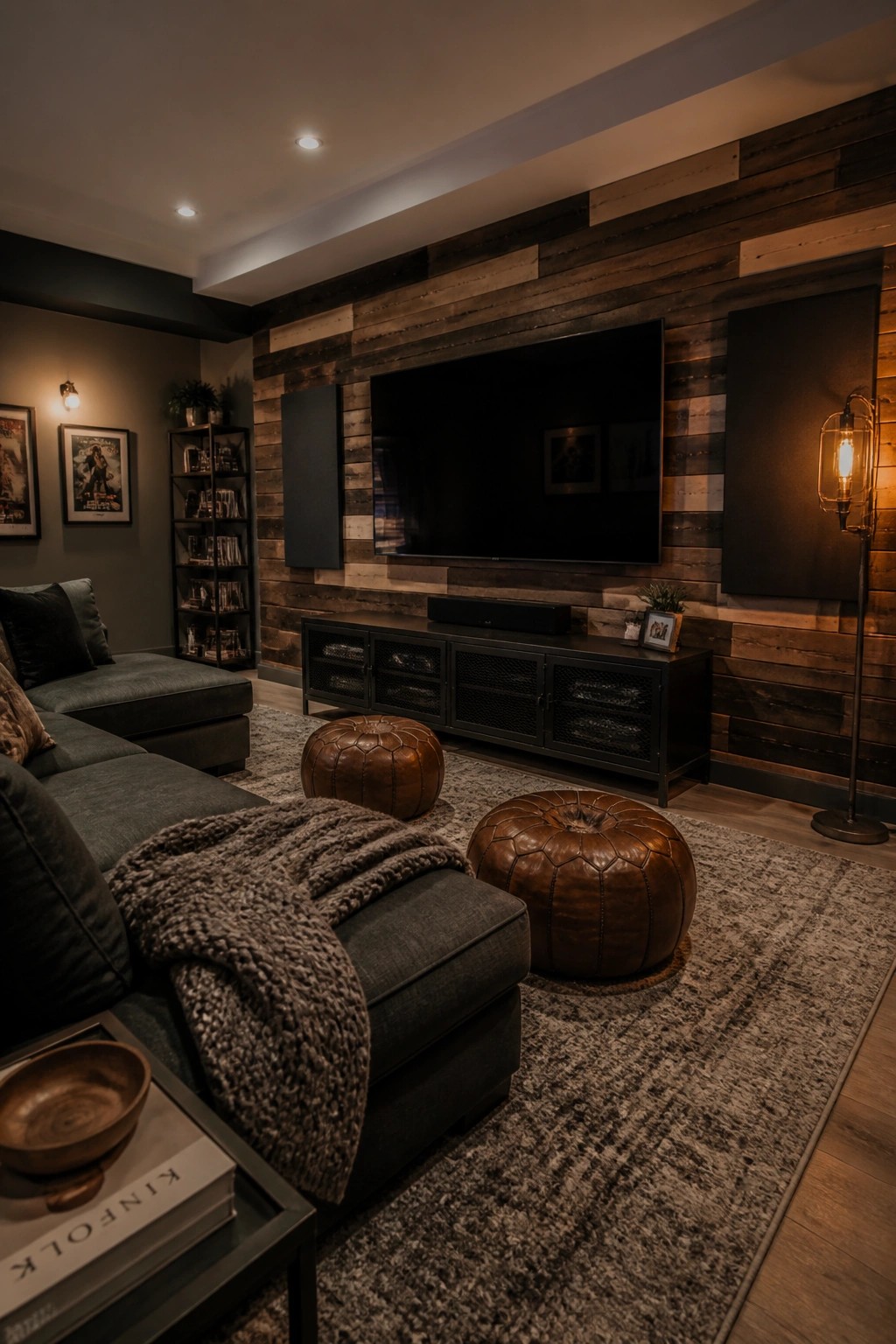 A living room featuring a large television mounted on a wall of mixed reclaimed wood planks above a dark media console, with two leather poufs on a rug in the foreground.