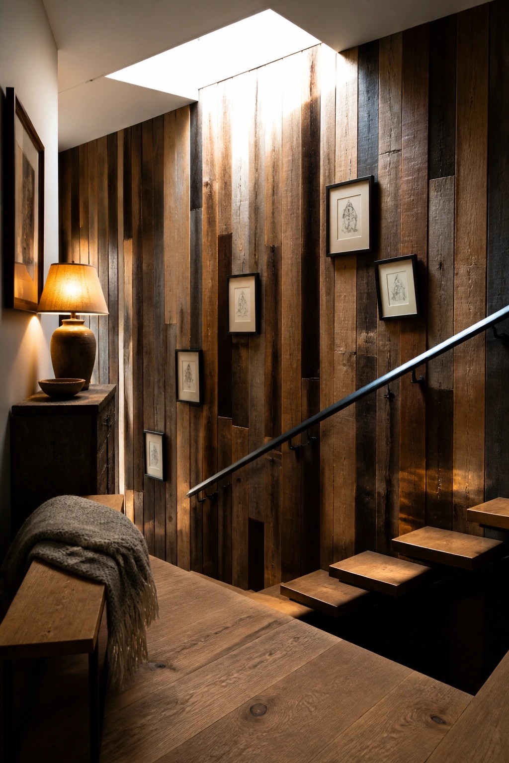 A stairwell interior with a wall covered in vertical mixed reclaimed wood boards of varying brown tones, a skylight above, framed sketches on the wall, and a wooden bench in the foreground.
