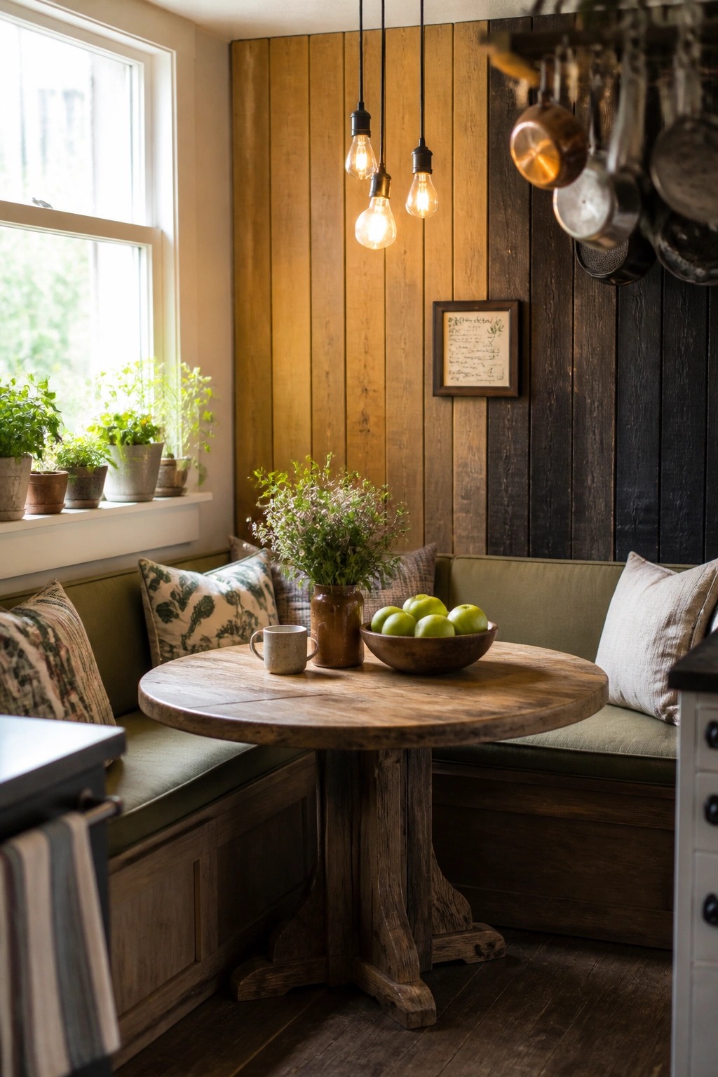 A corner of a room with a vertical reclaimed wood accent wall in mixed light and dark tones, a round wooden table, green bench seating with pillows, and hanging light bulbs.