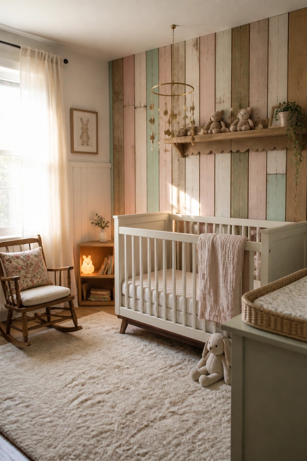 A bright nursery with a white crib positioned in front of a vertical reclaimed wood accent wall painted in soft pastel colors, including a wooden shelf above the crib and a rocking chair to the left.