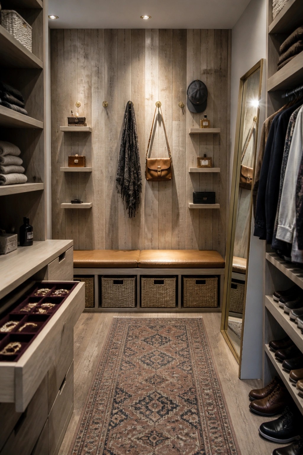 A narrow interior closet with a vertical reclaimed wood plank wall, floating shelves holding small boxes and bags, a brown leather bench, and woven baskets stored below.