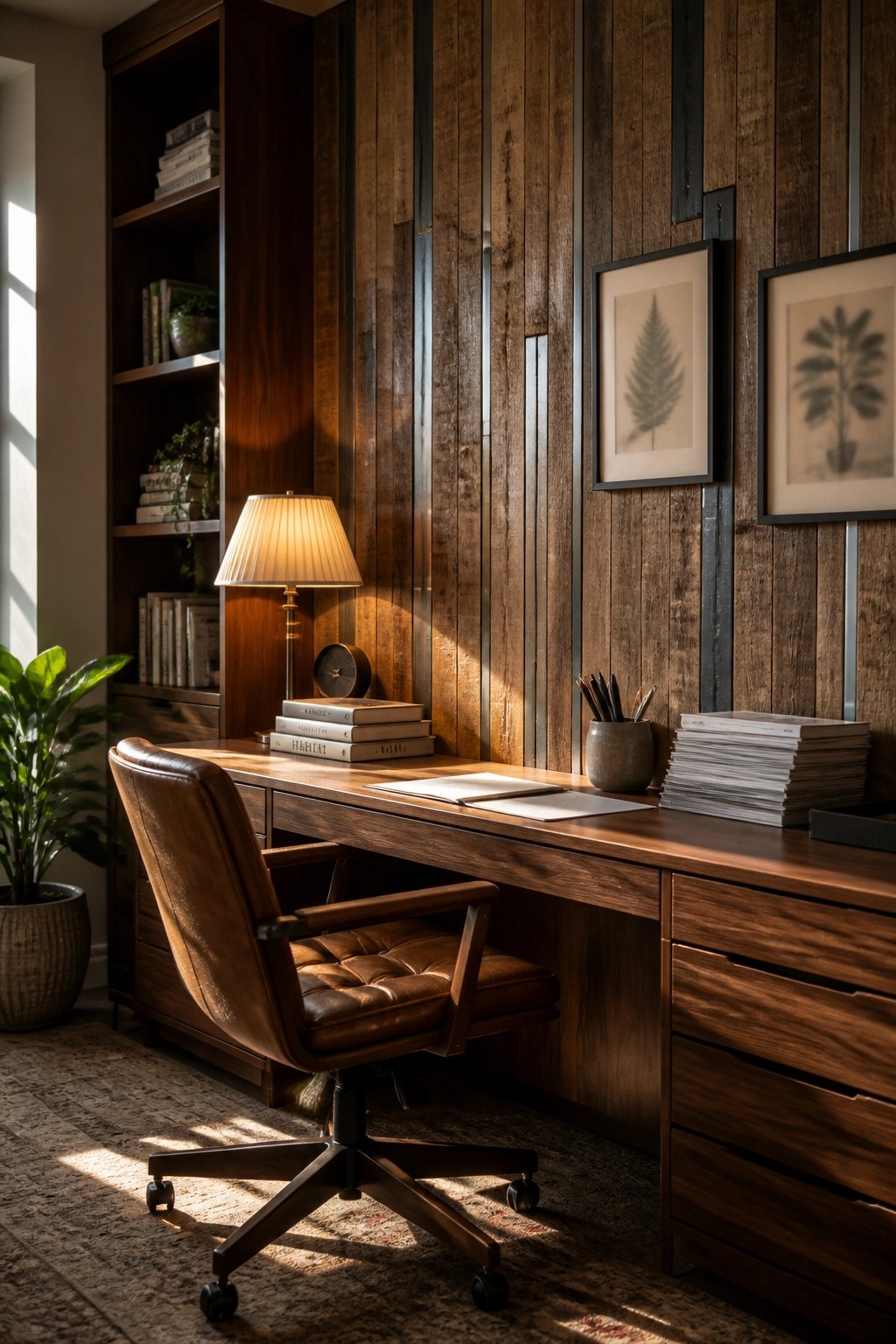 A home office with a wooden desk, brown leather chair, and a wall covered in vertical reclaimed wood boards of varying widths and tones.
