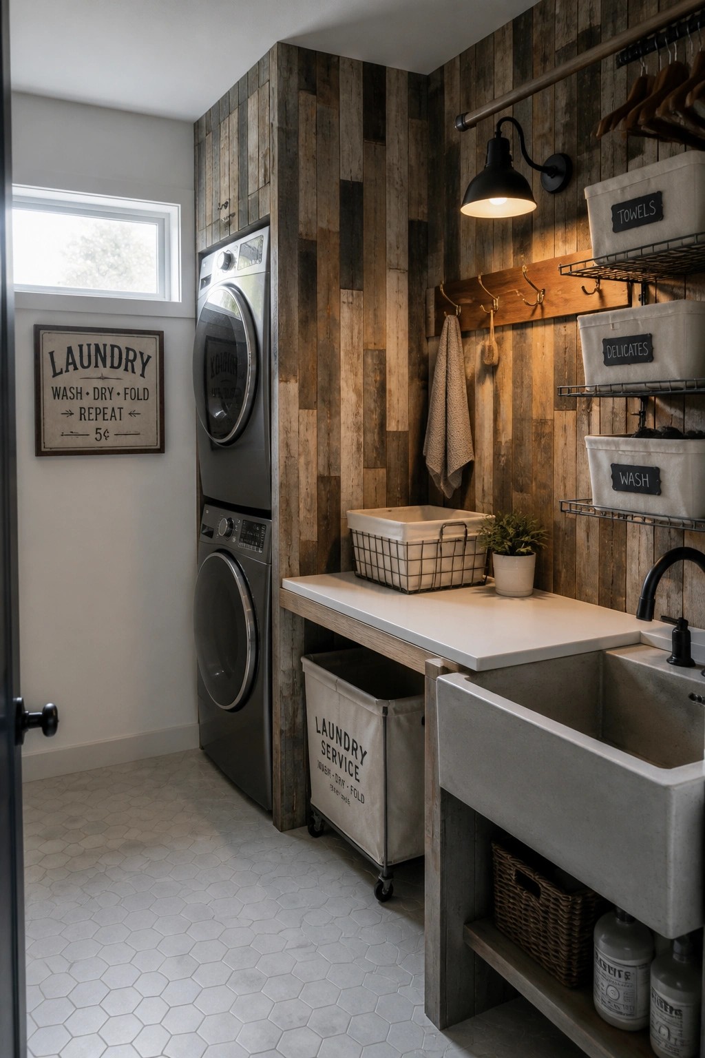 Laundry room interior with a vertical reclaimed wood plank wall, stacked washer and dryer, concrete sink, and fabric storage bins on wire shelves.