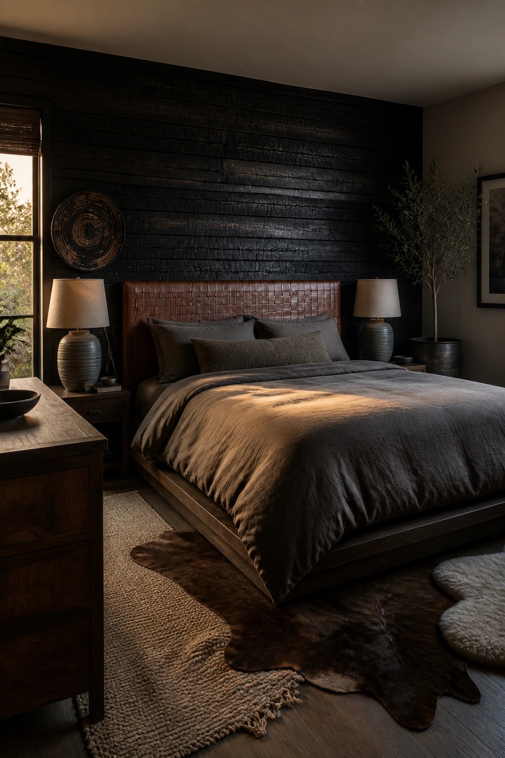 A bedroom featuring a dark wooden plank accent wall behind a bed with gray bedding, two bedside lamps, and layered rugs on the floor.