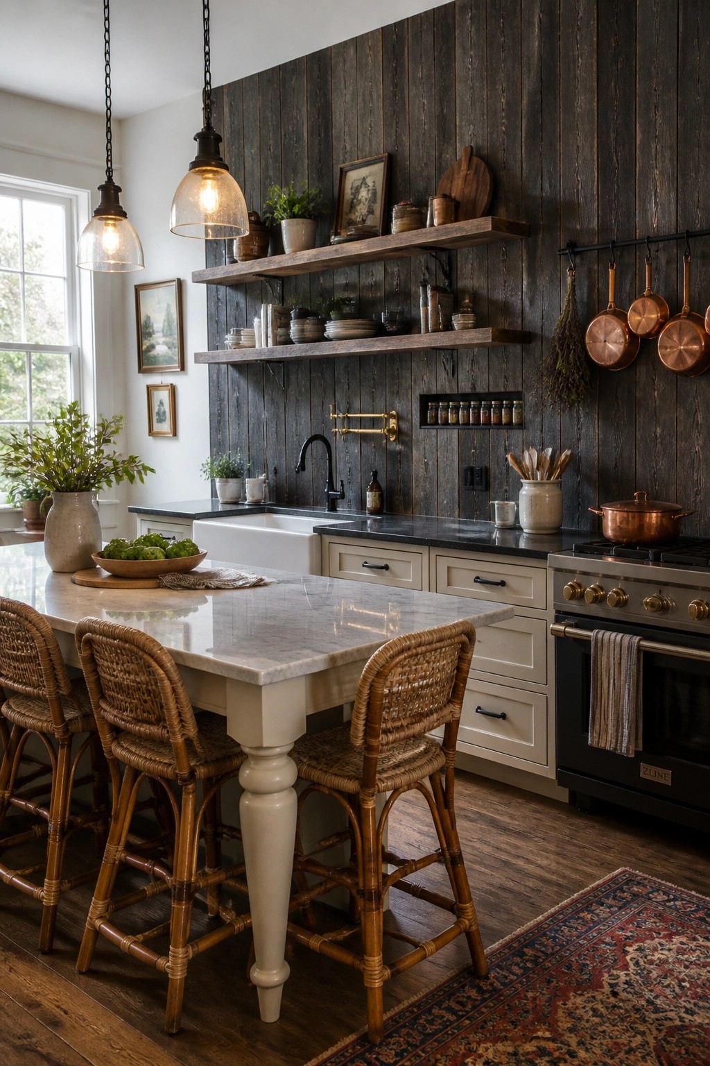 A kitchen interior with a dark vertical wood plank accent wall, open wooden shelves, white cabinets, a marble island with woven bar stools, and copper cookware on the stove.
