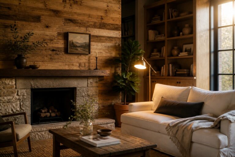 22 Elegant Pallet Accent Wall Ideas Styled for Refined Rustic Interiors A living room with a white sofa, a stone fireplace, and a wall covered in horizontal reclaimed wood planks above the mantel.