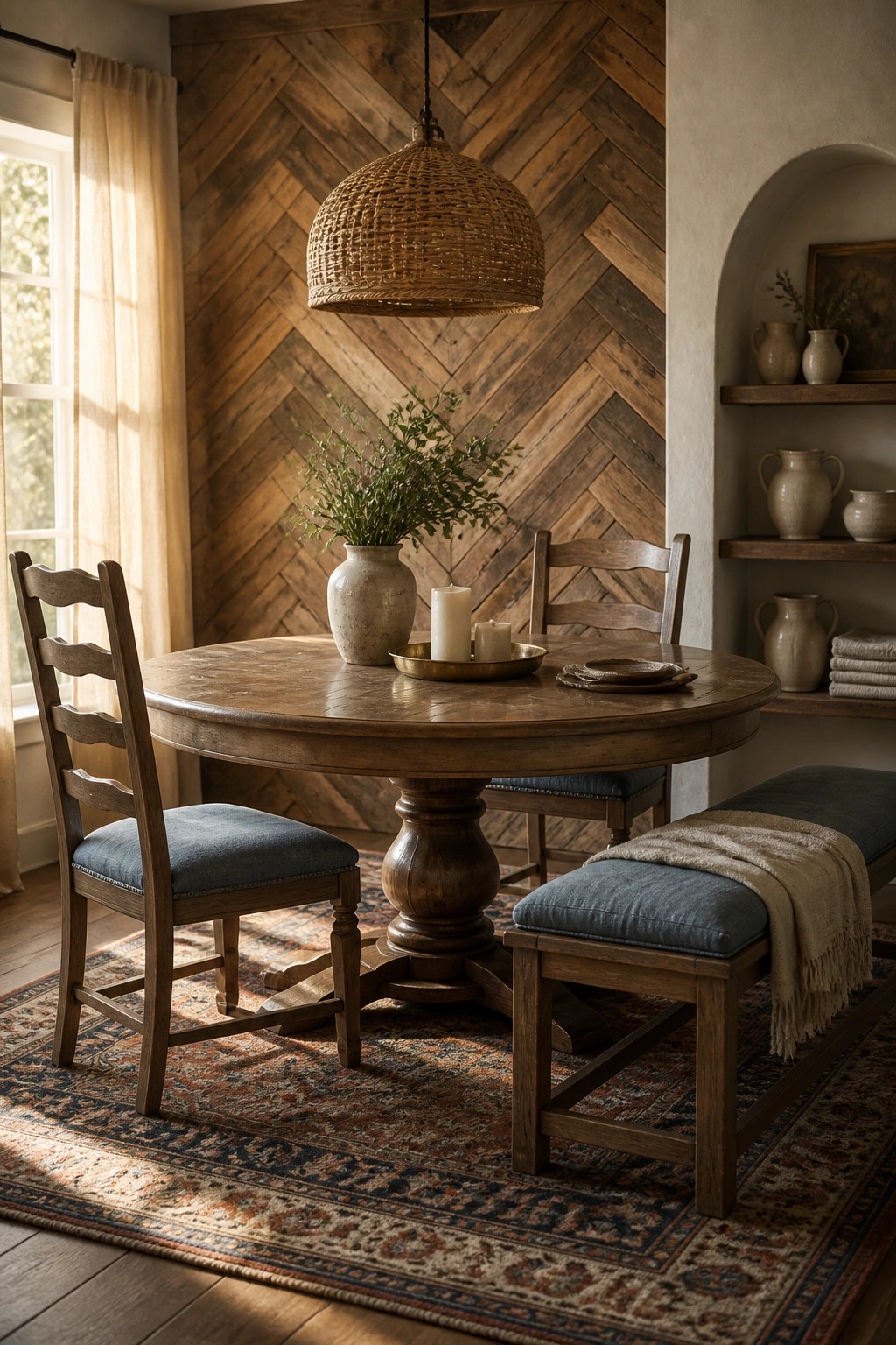 A round wooden dining table with blue upholstered chairs and a bench sits on a patterned rug in front of a herringbone wood accent wall, with a woven pendant light overhead and ceramic vases on the table.