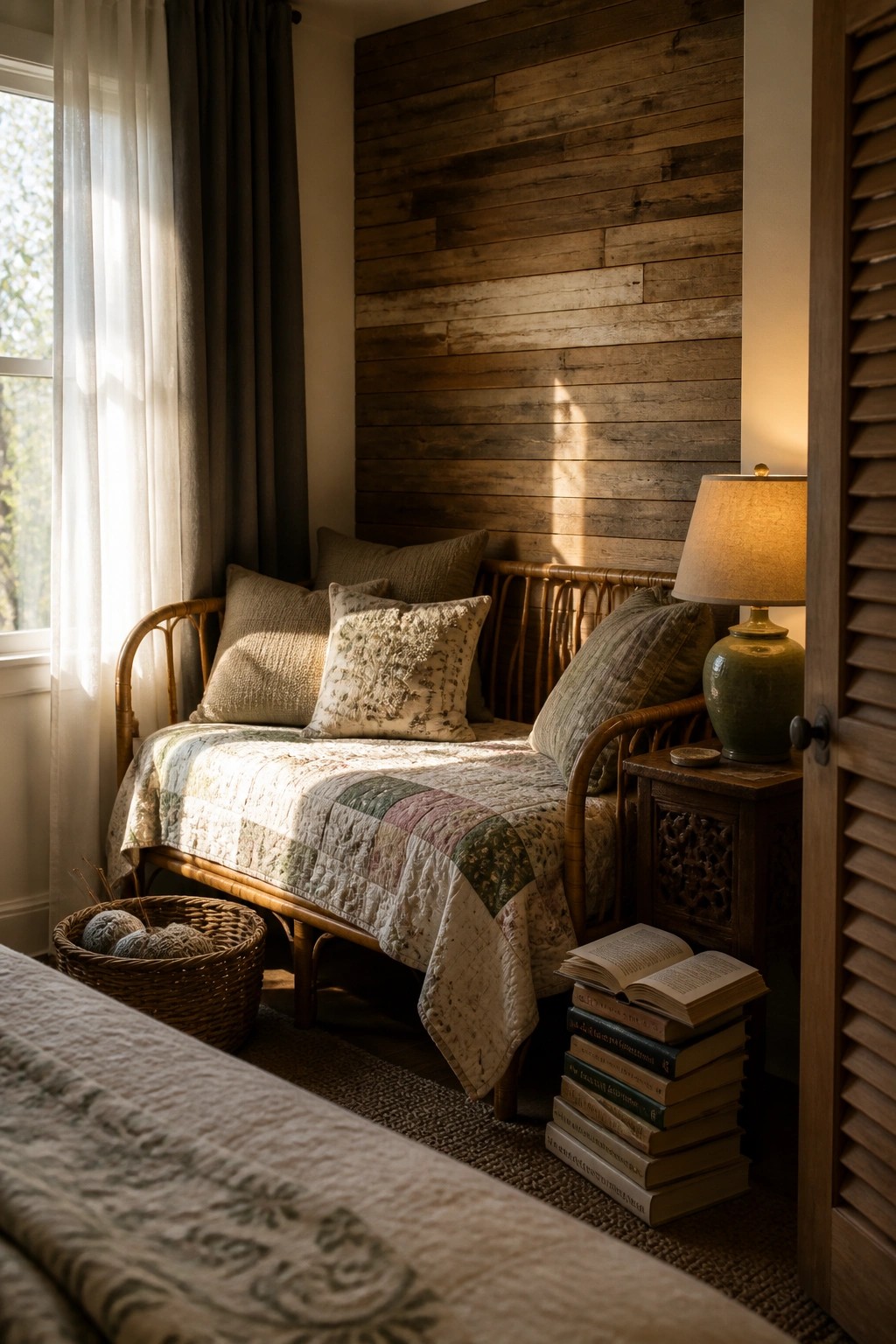 A cozy bedroom corner with a wooden daybed against a horizontal reclaimed wood accent wall, featuring pillows, a quilt, a lamp on a side table, and a stack of books on the floor.