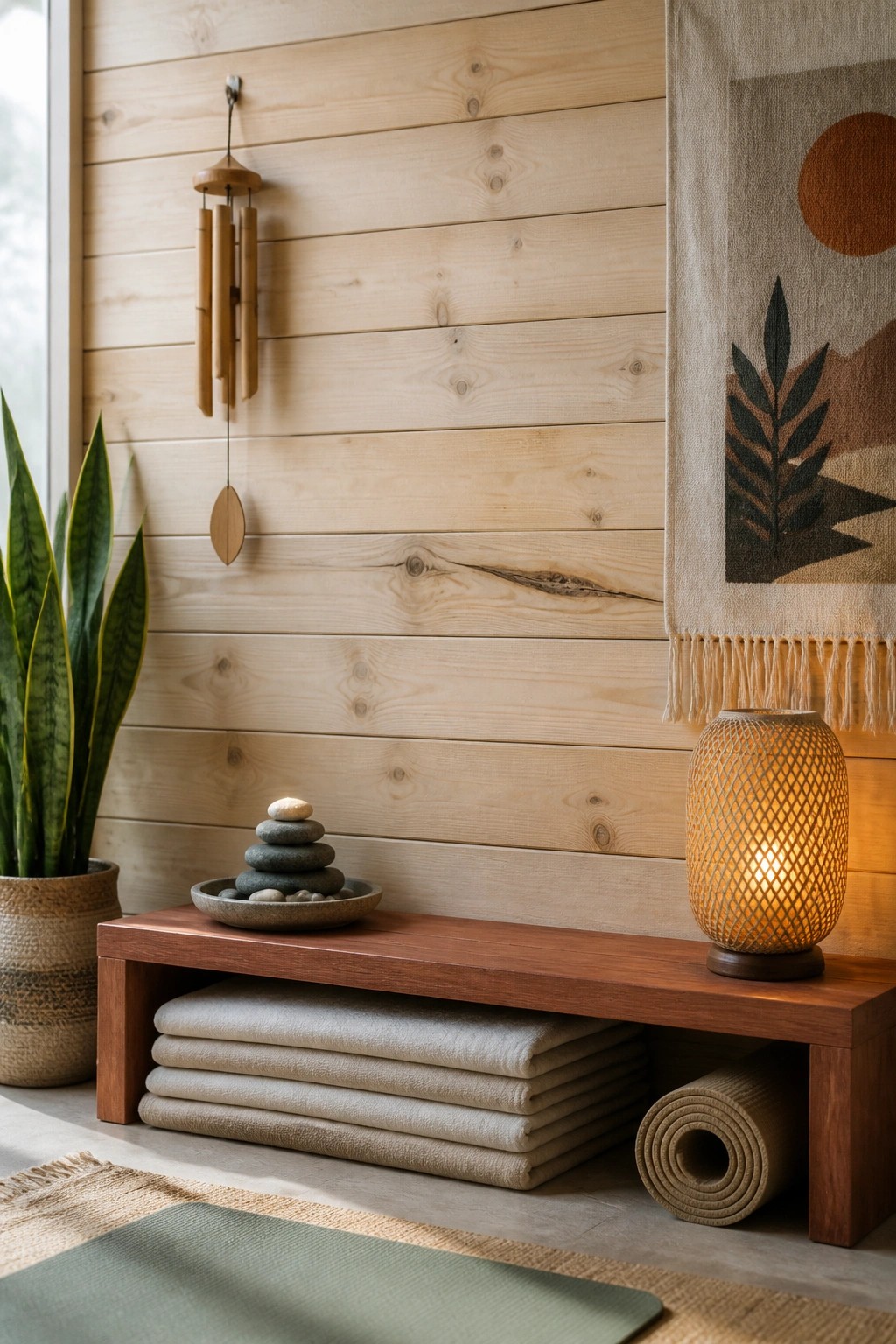 Serene wooden nook with stacked stones, glowing lantern, folded blankets, and yoga mat