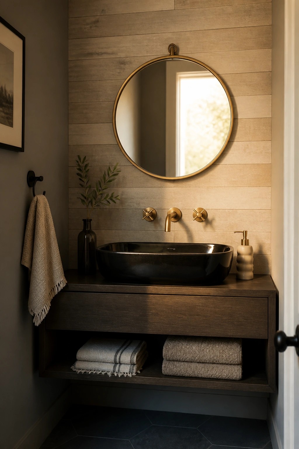 A modern bathroom vanity with a black vessel sink mounted on a dark wood floating cabinet, set against a horizontal light wood plank accent wall with a round brass mirror above.