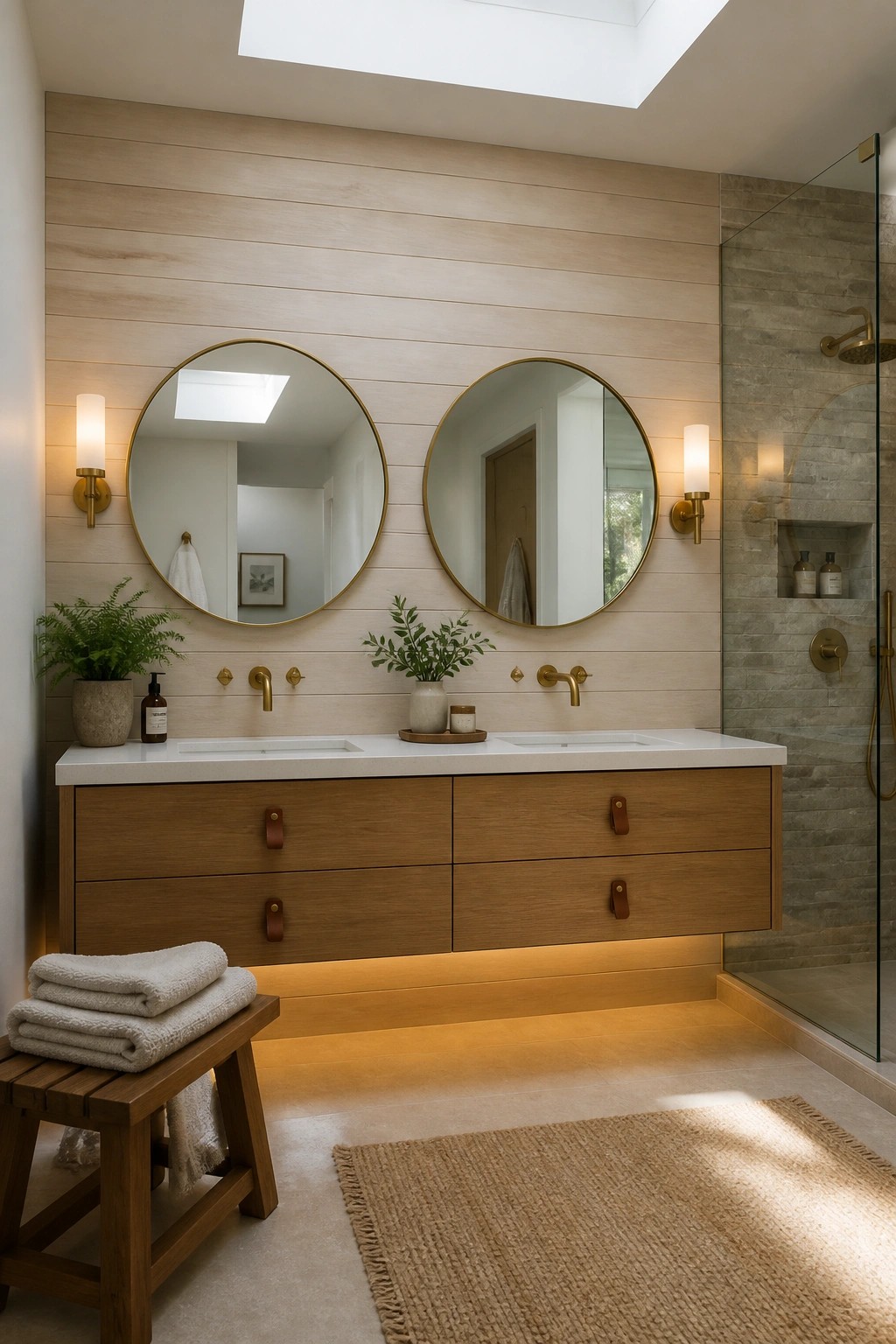 A bathroom vanity area with two round mirrors above a floating wood vanity, set against a wall of horizontal light wood planks, with a glass shower visible on the right.