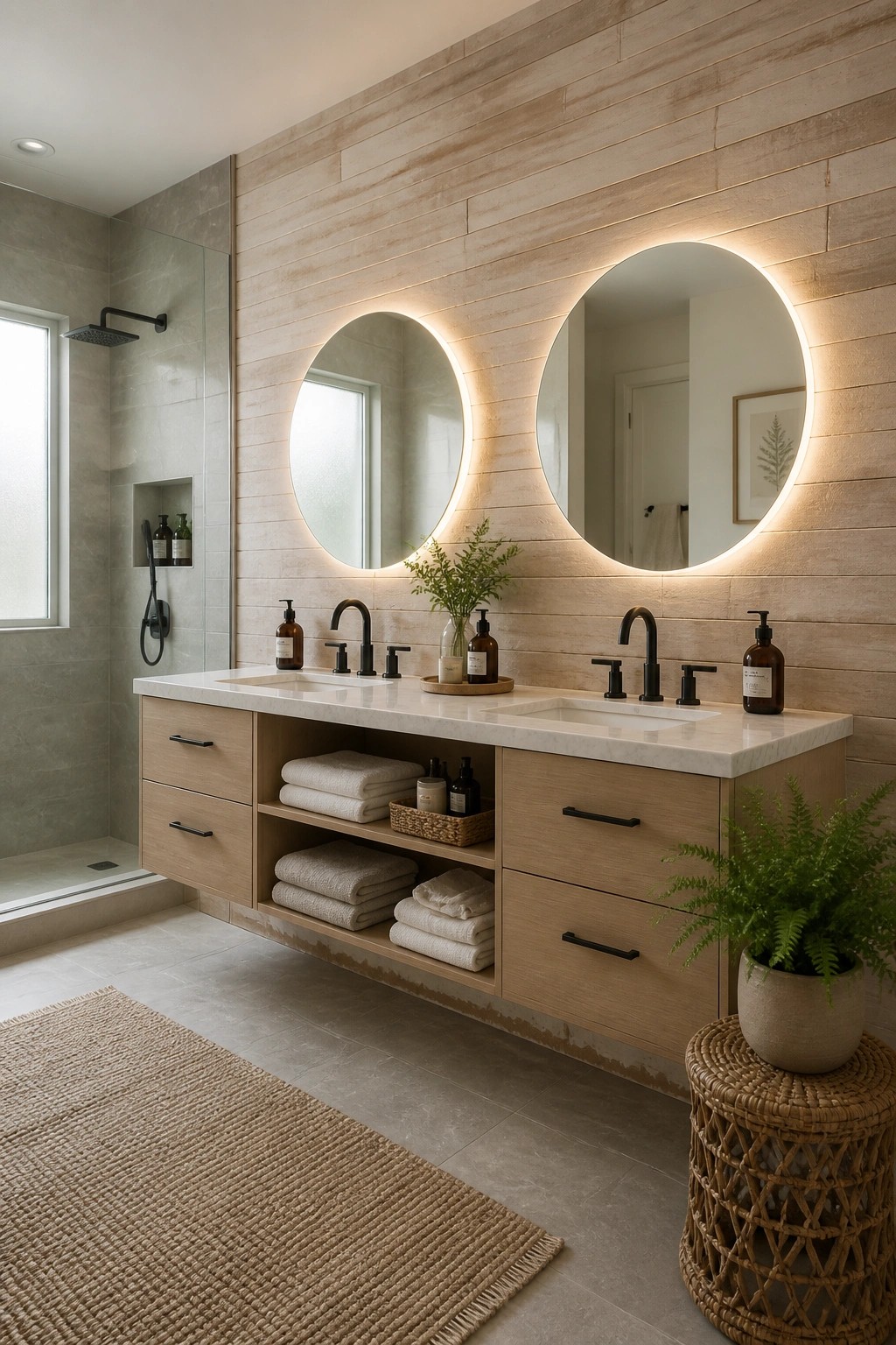 A bathroom vanity area with light wood horizontal plank accent wall, double sinks, round backlit mirrors, and open shelving holding folded towels.