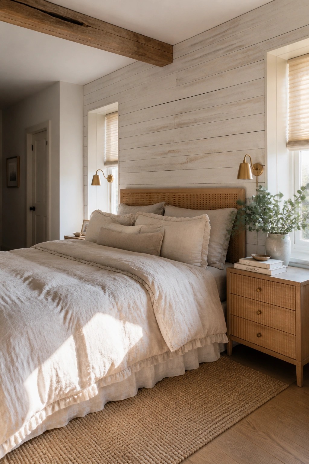 A bedroom featuring a bed with beige linen bedding against a whitewashed horizontal wood plank accent wall, flanked by wooden nightstands and brass sconces.