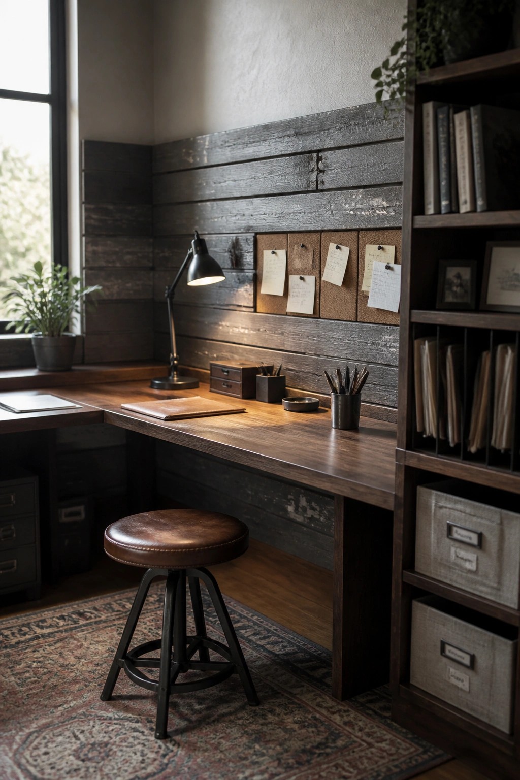 Rustic wooden desk with leather stool, lit lamp, corkboard notes, and bookshelf