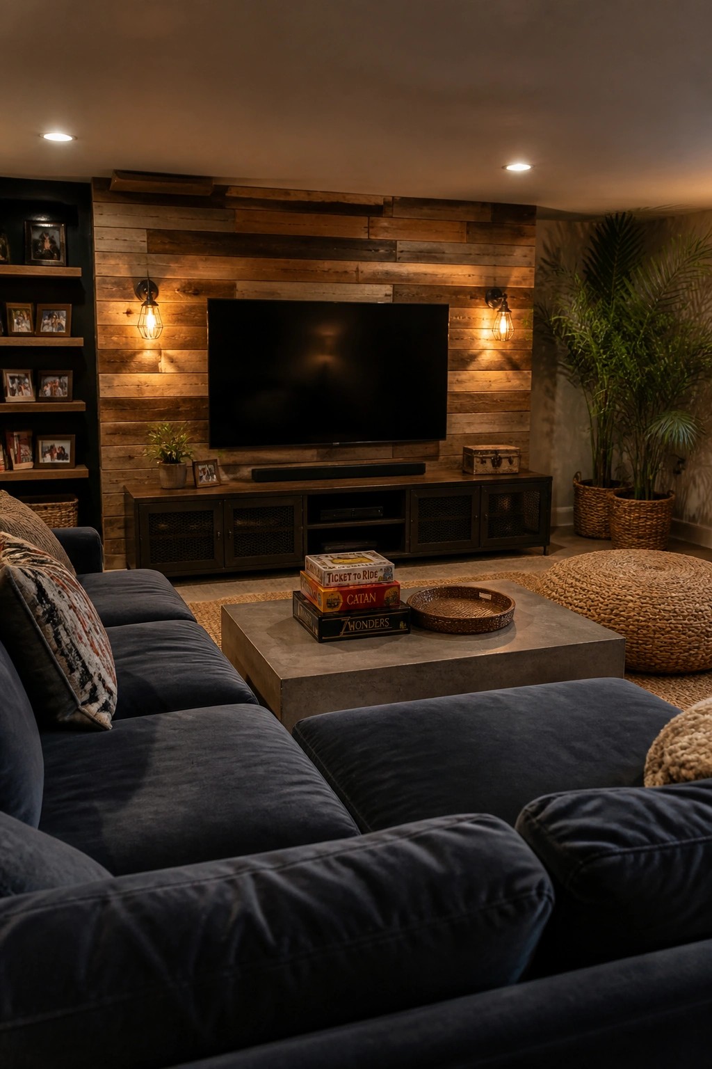 A living room featuring a reclaimed wood accent wall with a wall-mounted television, a dark blue sectional sofa, and a concrete coffee table holding stacked board games.