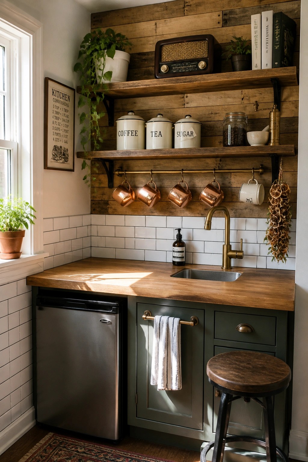 A kitchen corner with a reclaimed wood accent wall, floating shelves holding canisters and a vintage radio, copper mugs on a rail, a brass faucet sink, and dark green lower cabinets.