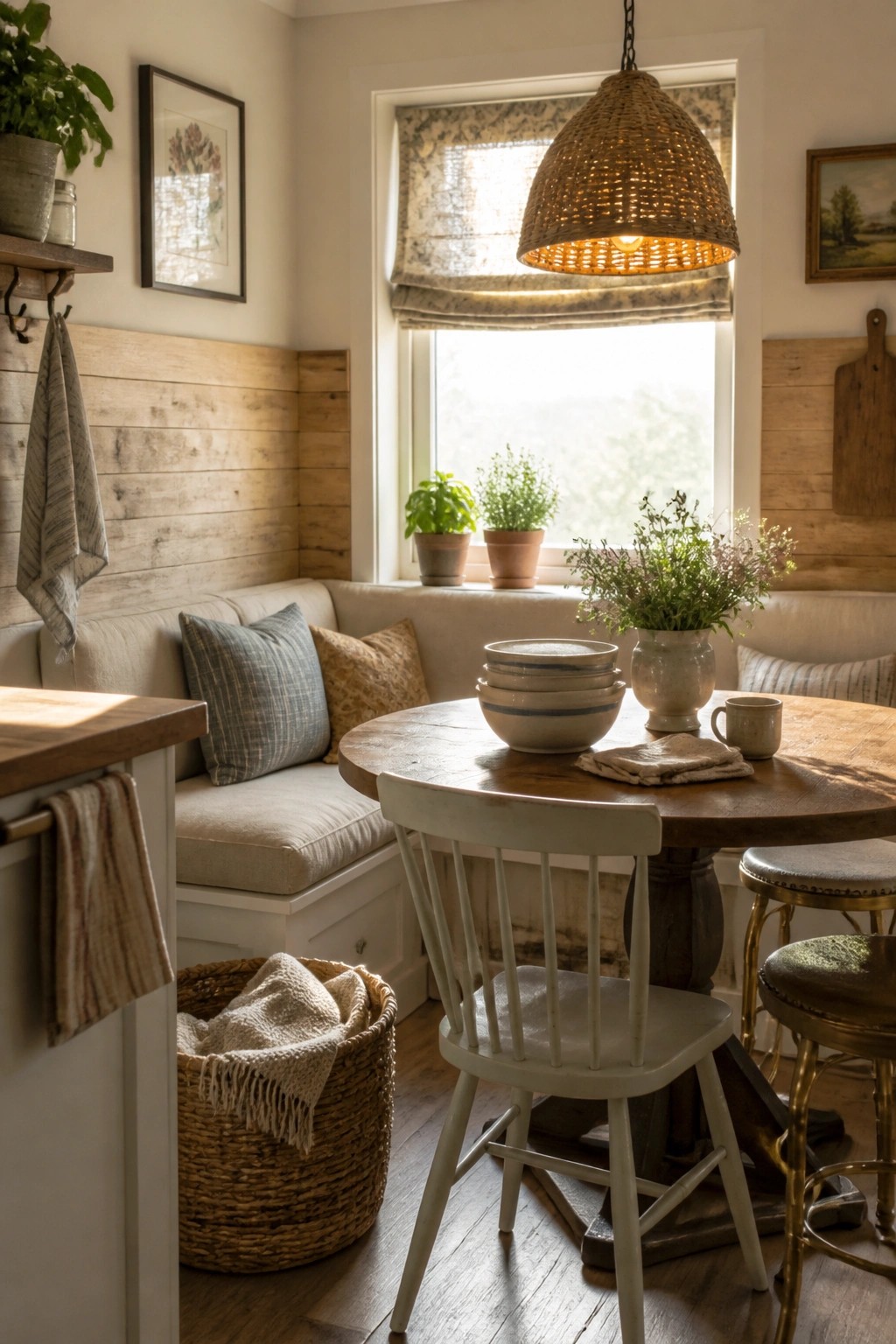 A dining nook featuring a round wooden table, white spindle chair, built-in bench with pillows, and a wall covered in horizontal reclaimed wood planks.
