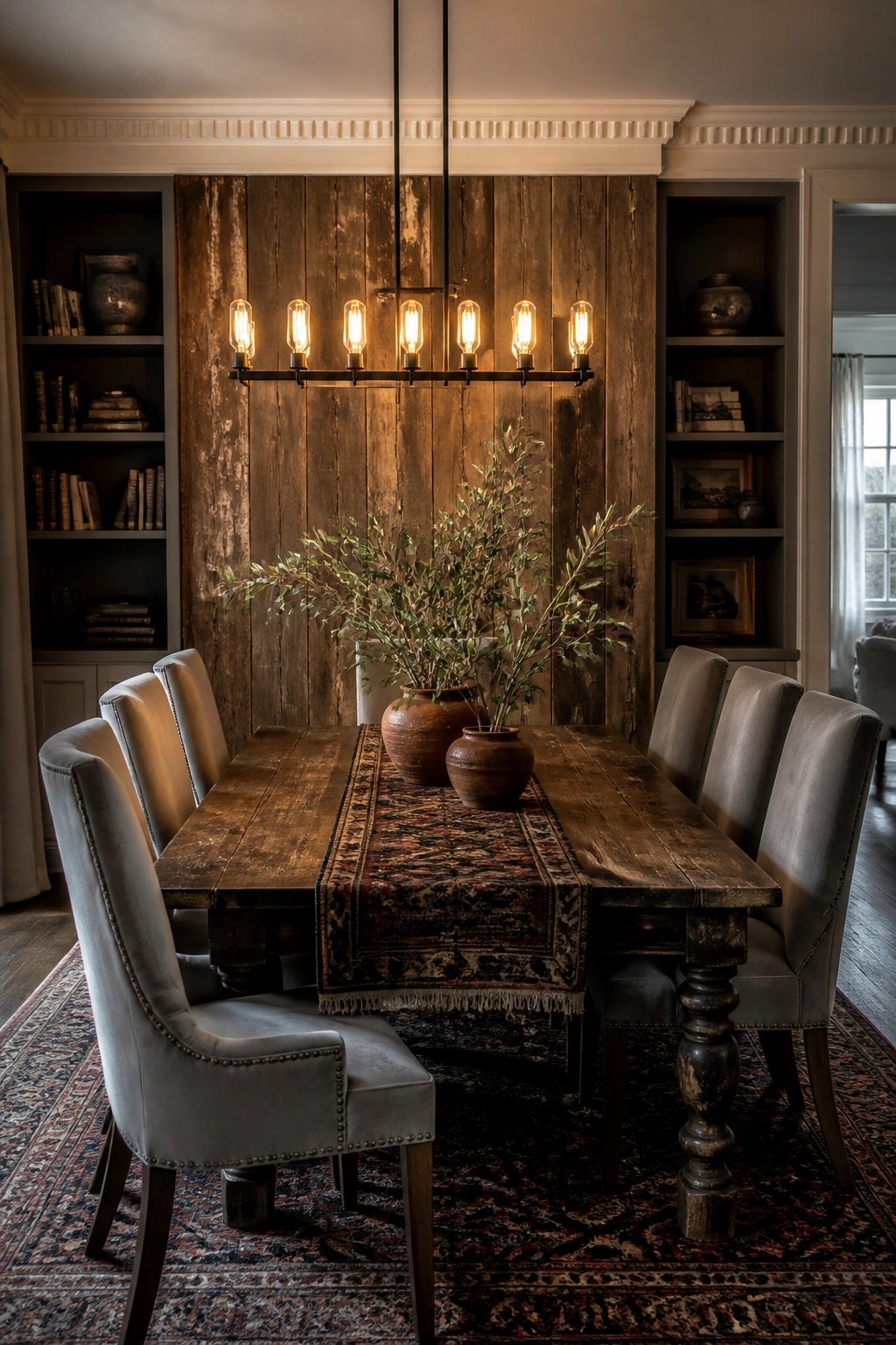 A dining room with a large reclaimed wood accent wall behind a long wooden table set with gray upholstered chairs and two clay vases.